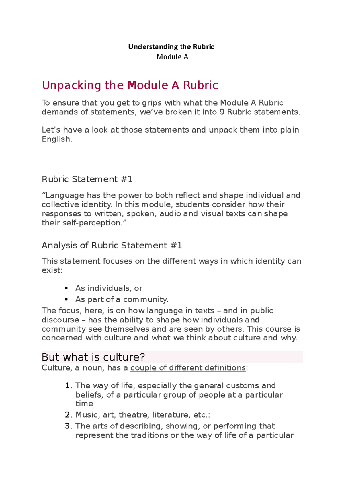 Rubric A breakdown - Understanding the Rubric Module A Unpacking the ...