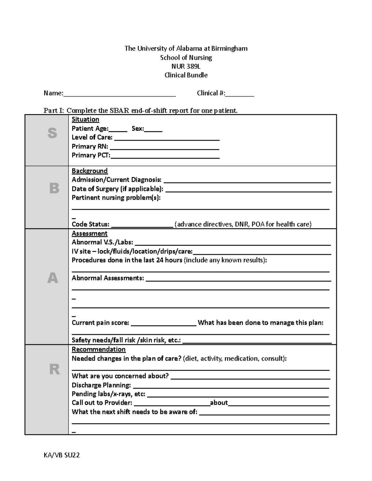 NUR389 Clinical Bundle - The University of Alabama at Birmingham School ...