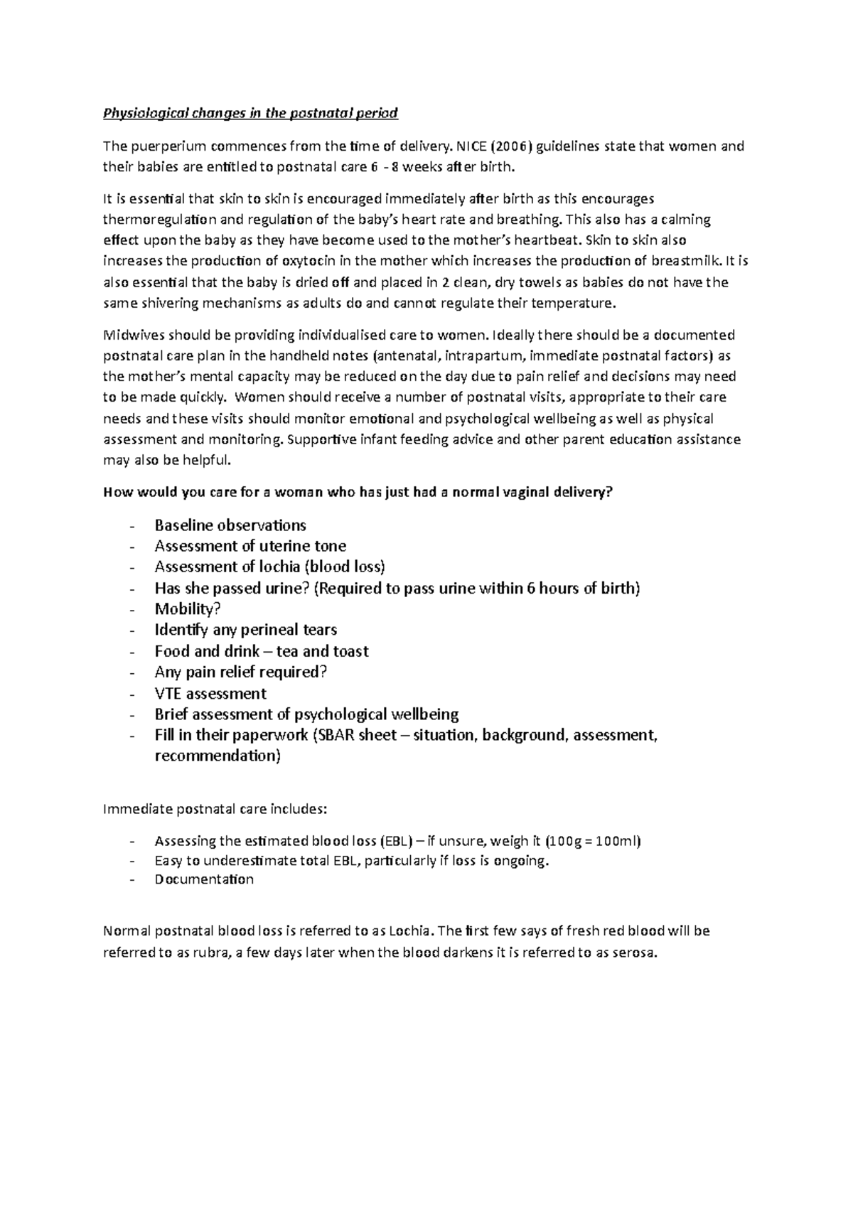 Physiological changes in the postnatal period - NICE (2006) guidelines ...