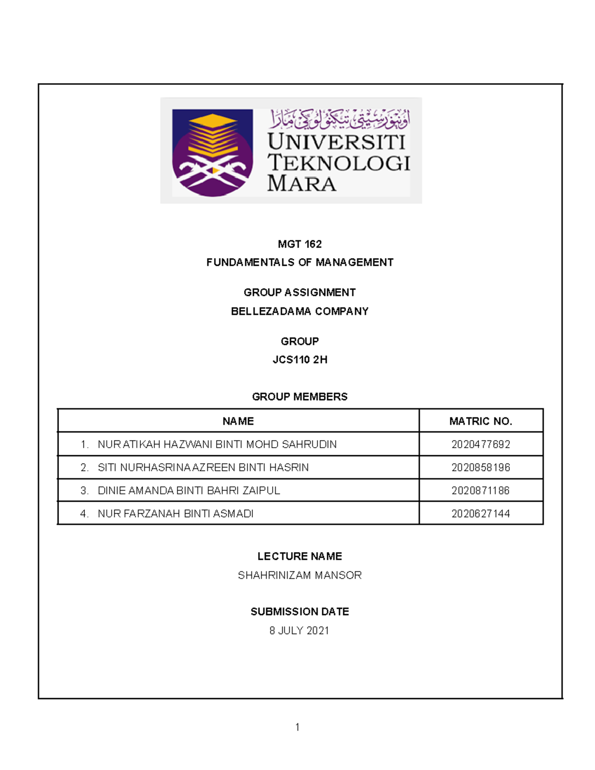 MGT 162 Group Assignment - MGT 162 FUNDAMENTALS OF MANAGEMENT GROUP ...