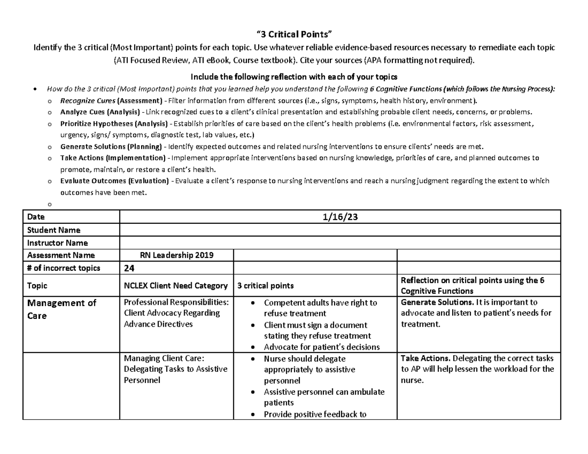 3 Critical Points “3 Critical Points” Identify the 3 critical (Most