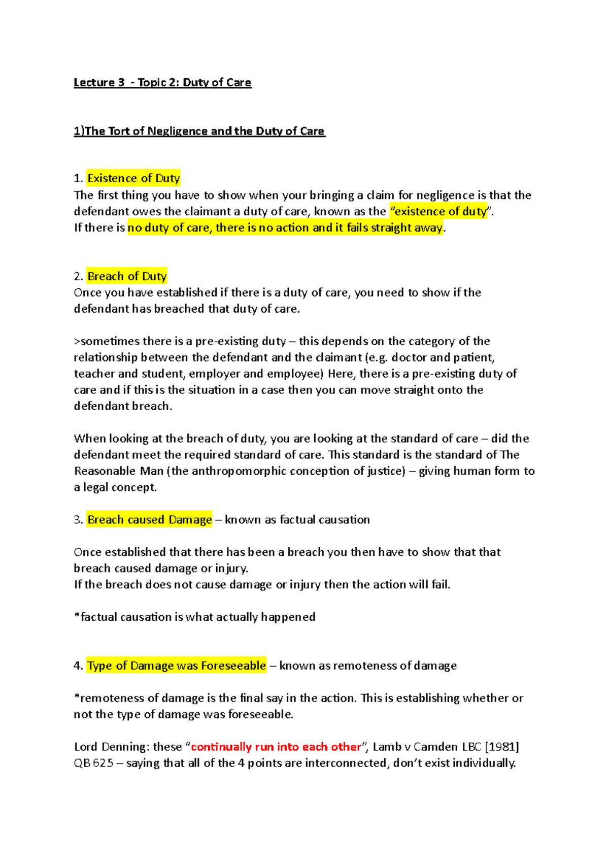 Lecture 3 - Duty of Care - Lecture 3 - Topic 2: Duty of Care 1)The Tort ...