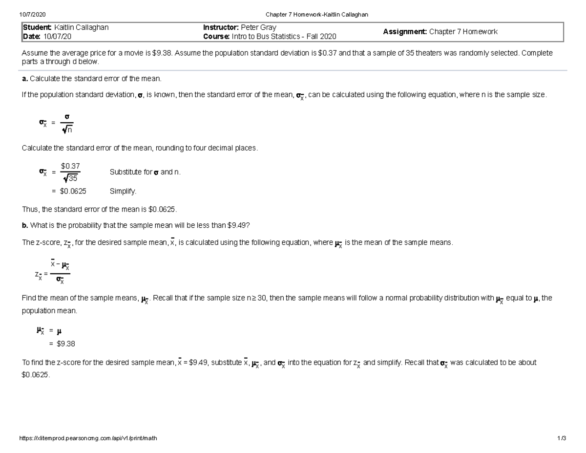 Chapter 7 statistics - capter 7 - 10/7/2020 Chapter 7 Homework-Kaitlin ...