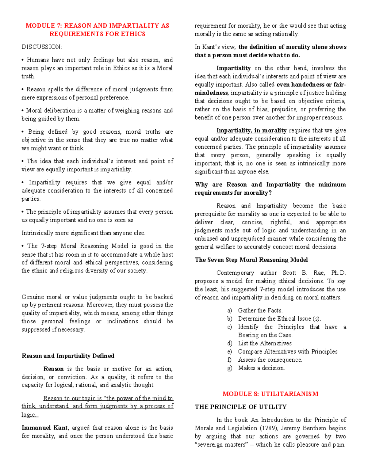 Ethics Reviewer - MODULE 7: REASON AND IMPARTIALITY AS REQUIREMENTS FOR ...
