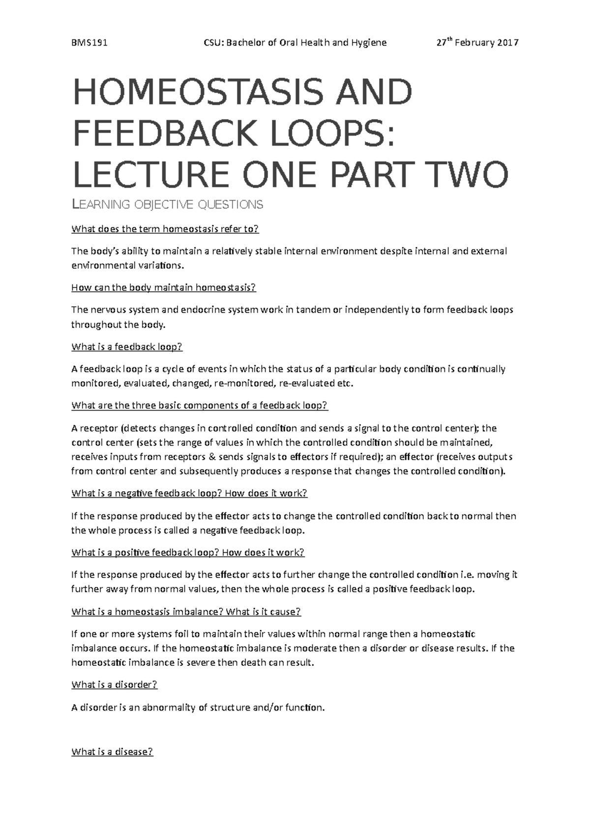 Lecture one part two BMS191 CSU Bachelor of Oral Health and Hygiene 27th February 2017 Studocu