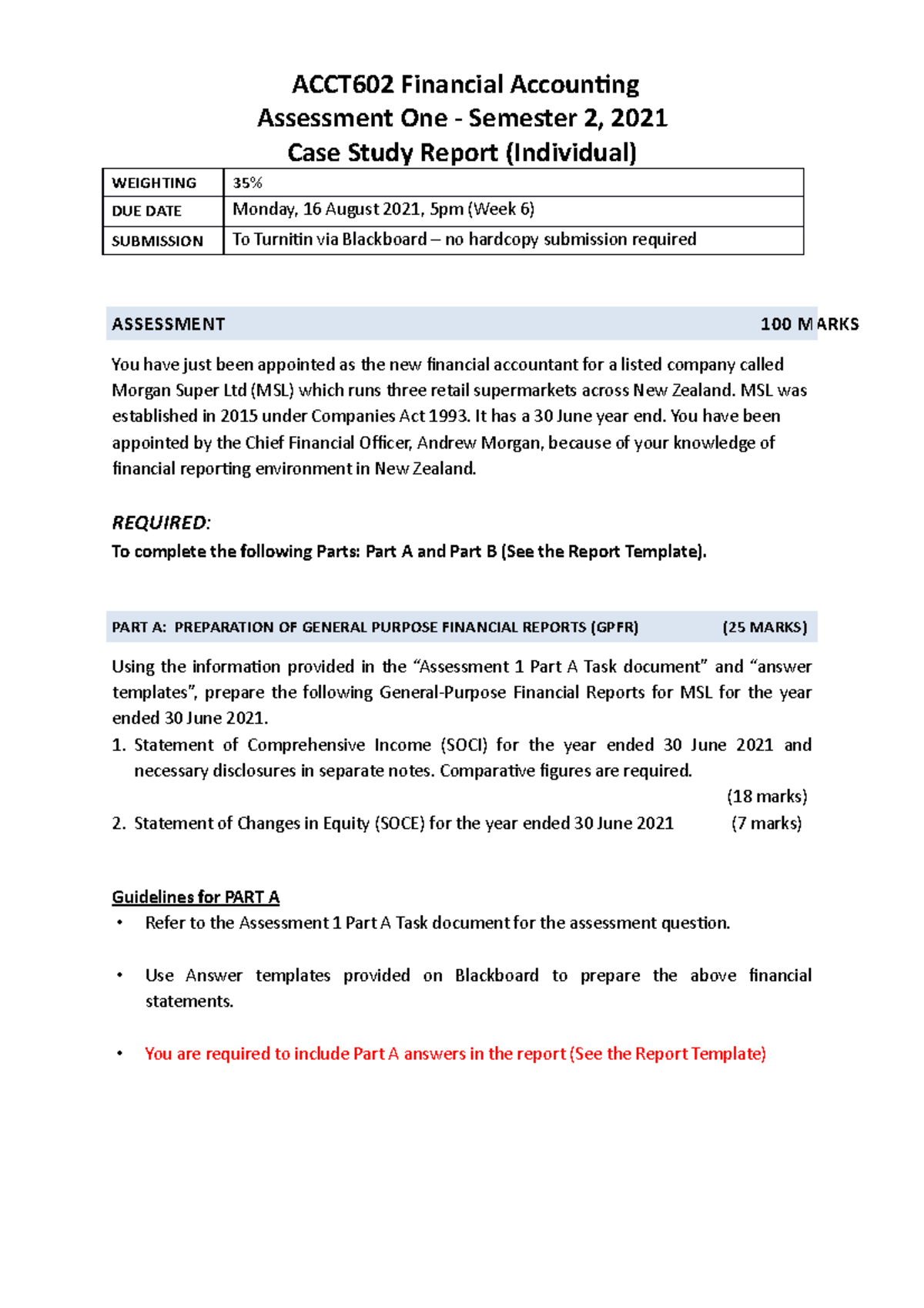 Assessment 1 Case Study Report Document S2 2021 - ACCT602 Financial ...