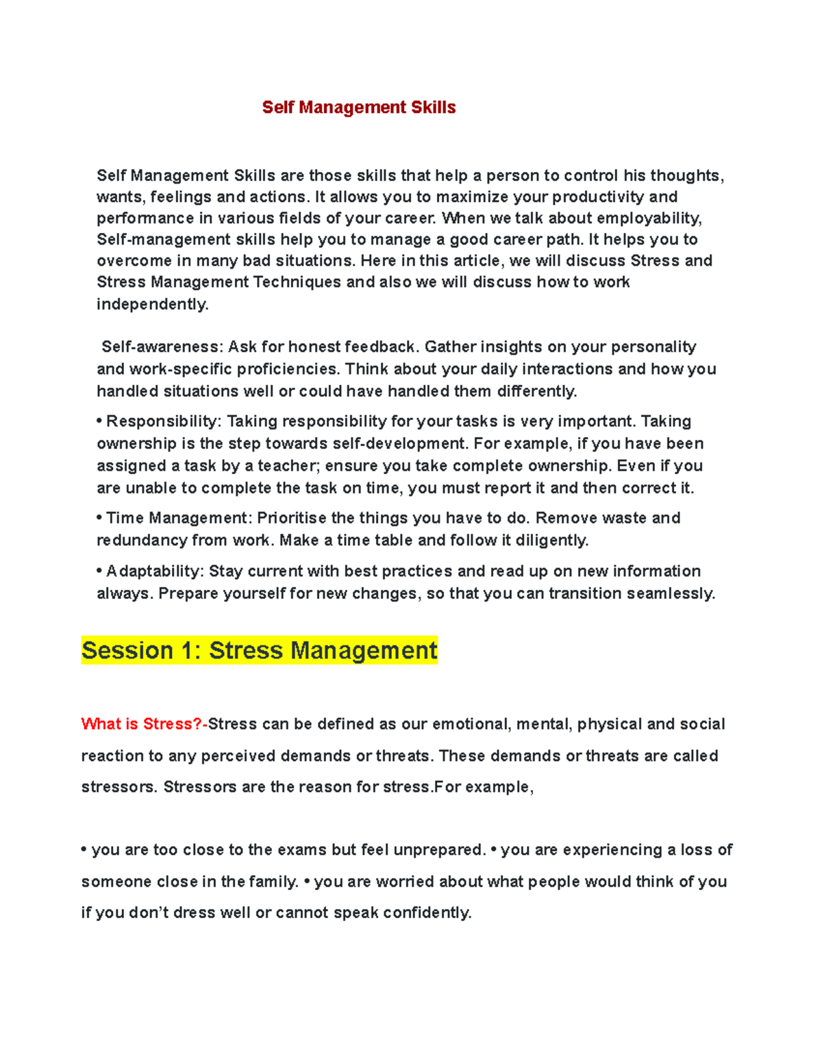 Self Management skills - Self Management Skills Self Management Skills ...