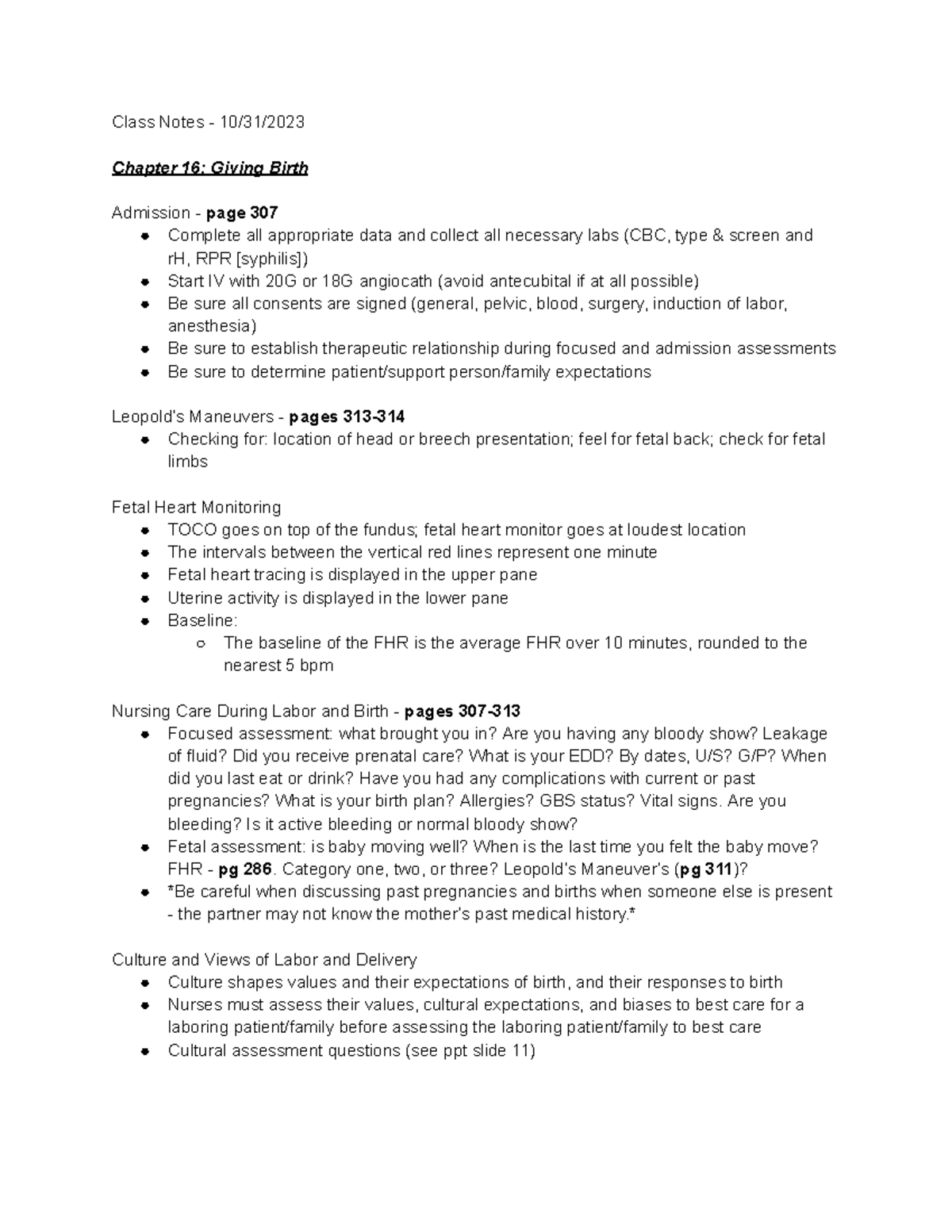 OB Unit 2 - Class Notes - Class Notes - 10/31/ Chapter 16: Giving Birth ...