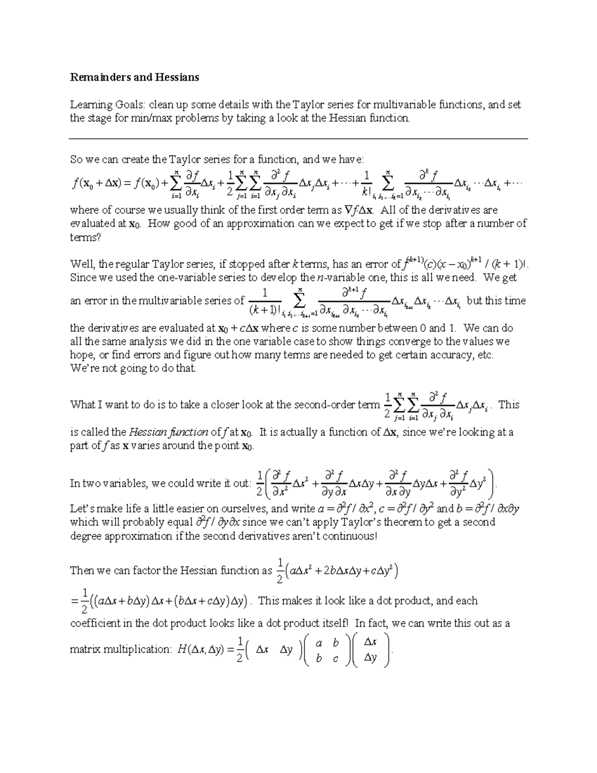 Notes 29-Remainders and Hessians - Remainders and Hessians Learning ...