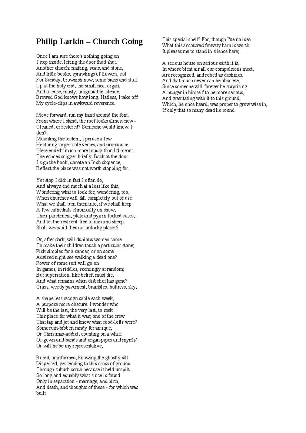Philip Larkin - Church Going - Philip Larkin – Church Going Once I am ...