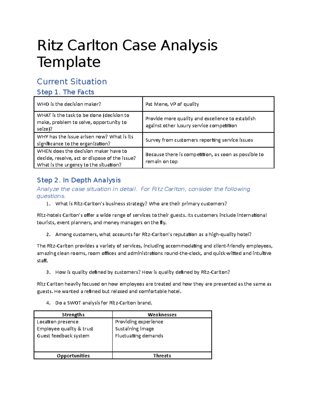 Case Analysis Ritz Carlton copy Ritz Carlton Case Analysis Template