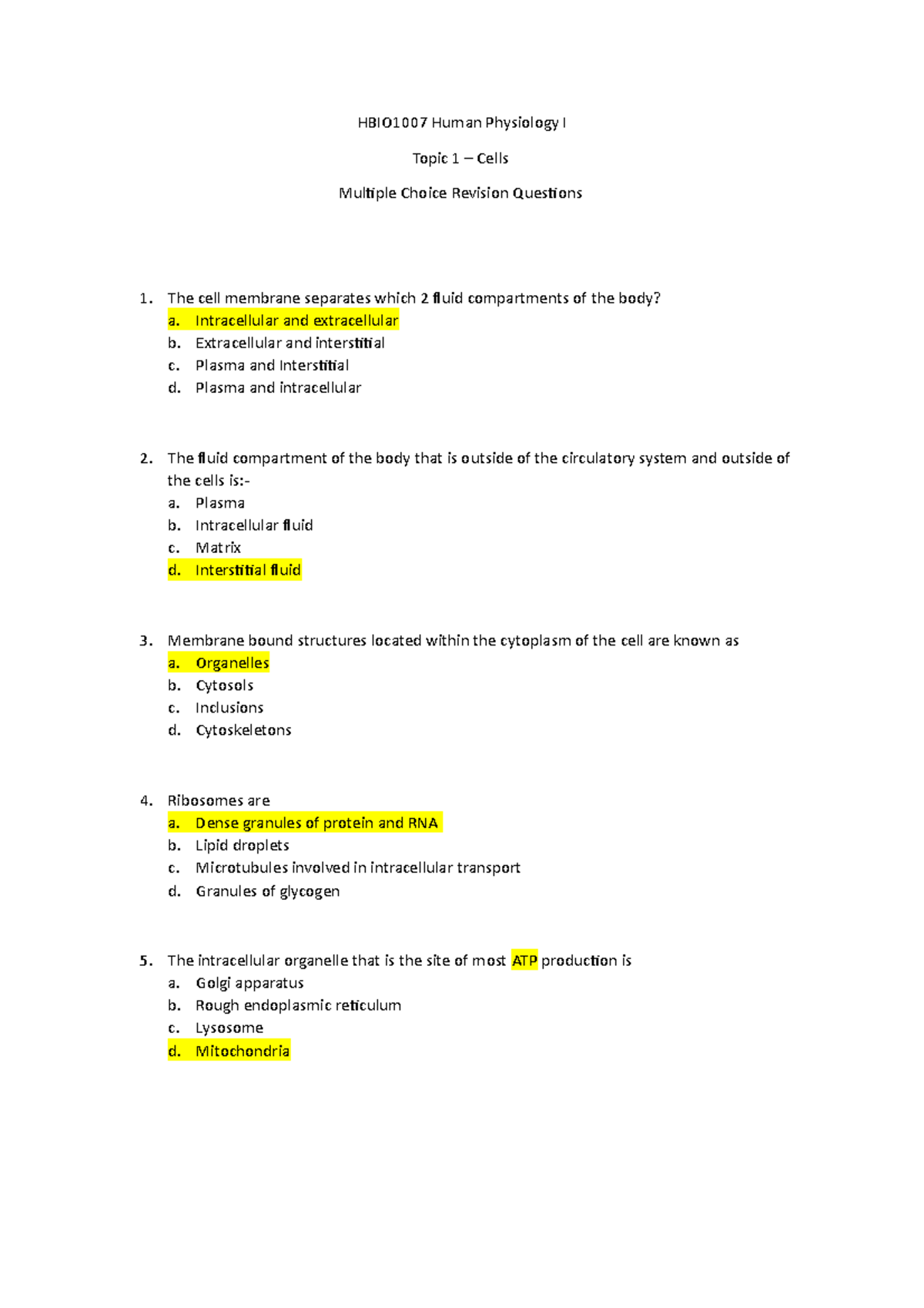 Human Physiology 1 Week 1 Practice Test - HBIO1007 Human Physiology I ...