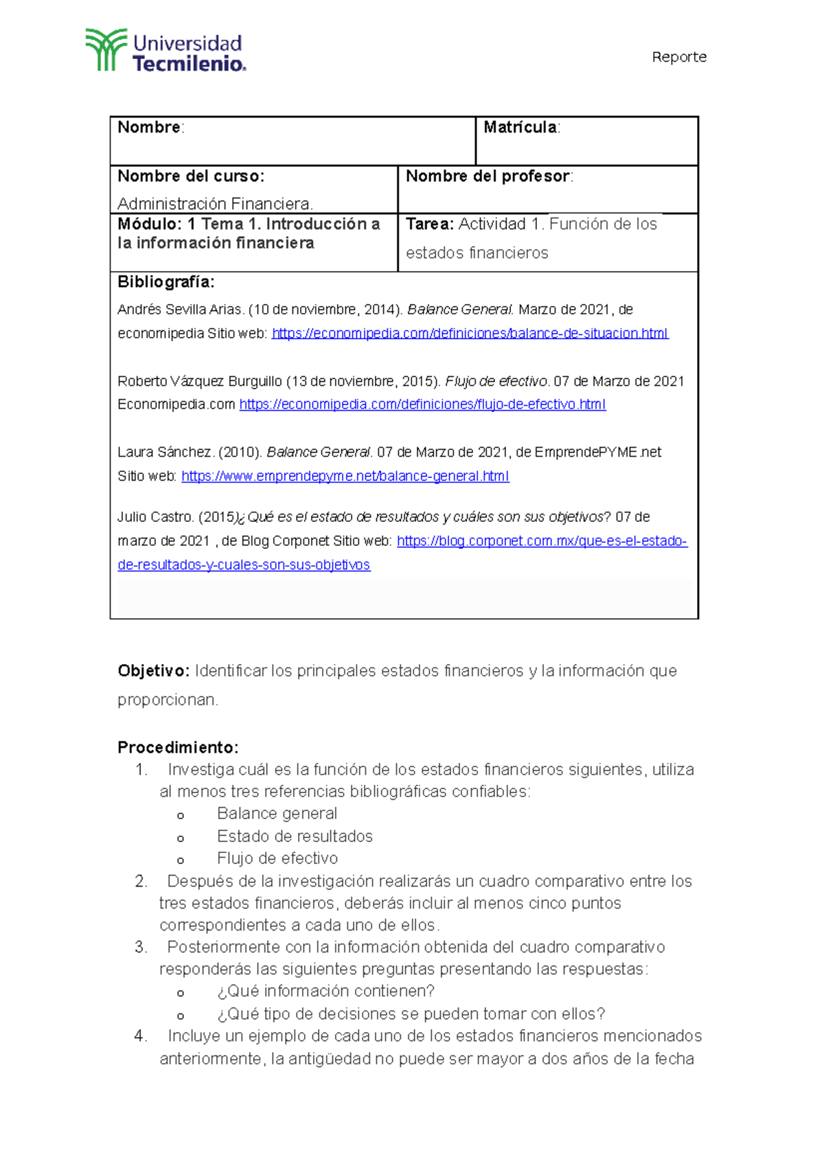 Actividad 1 Administración financiera - Nombre : Matrícula : Nombre del ...