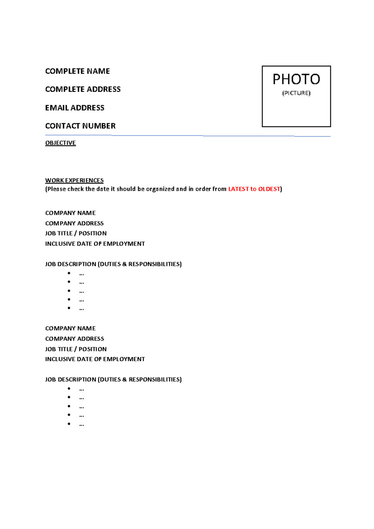 Resume Template (Juan Dela Cruz) - COMPLETE NAME COMPLETE ADDRESS EMAIL ...