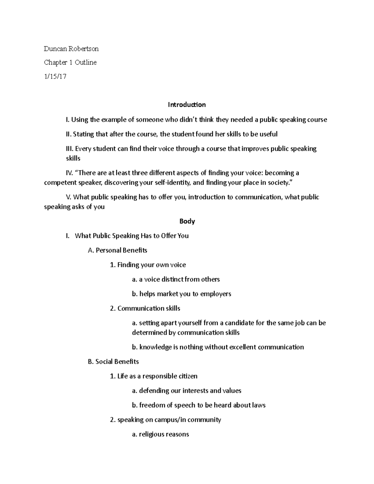 Public speaking chapter 1 outline - Duncan Robertson Chapter 1 Outline ...