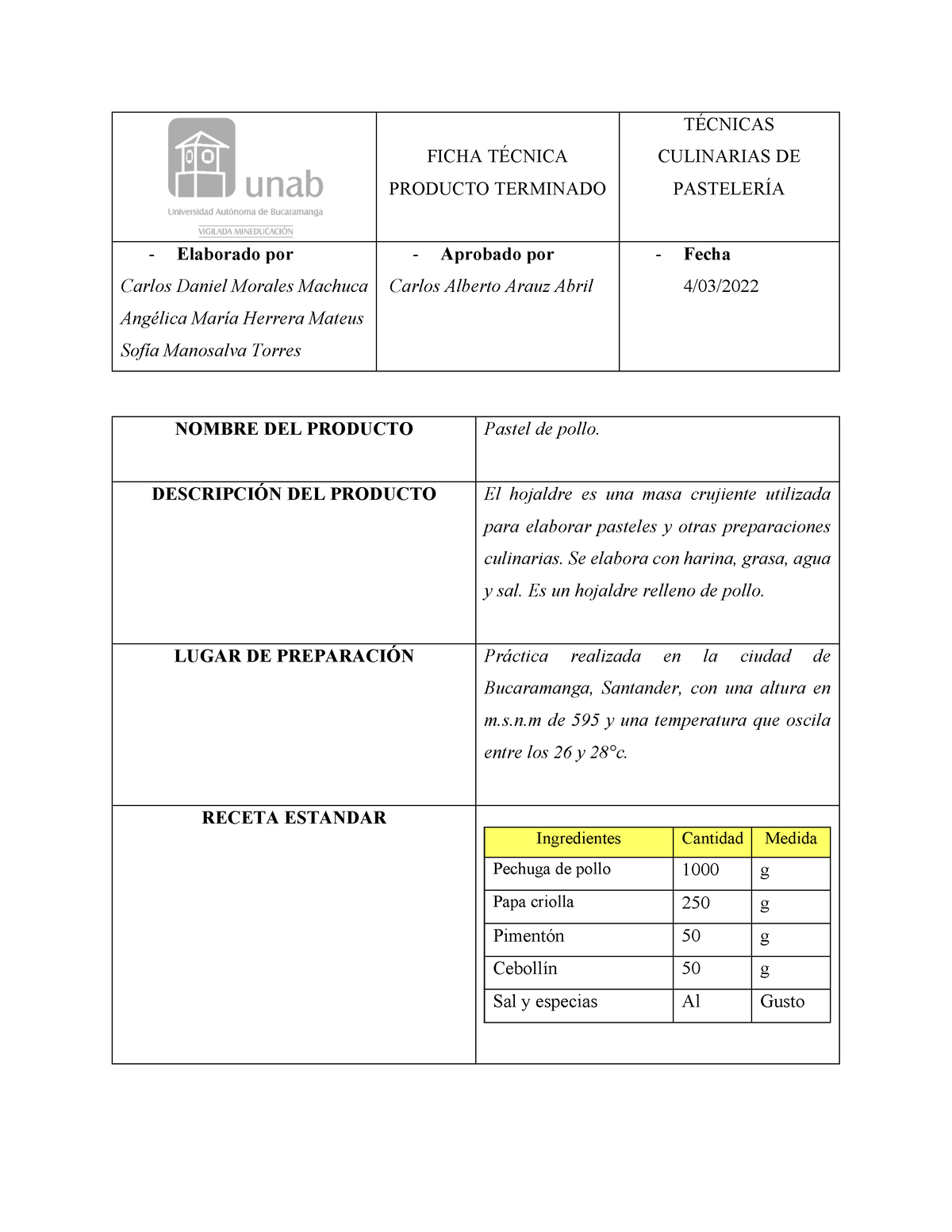 Ficha Técnica Hojaldre Pastel DE Pollo - FICHA TÉCNICA PRODUCTO TERMINADO  TÉCNICAS CULINARIAS DE - Studocu