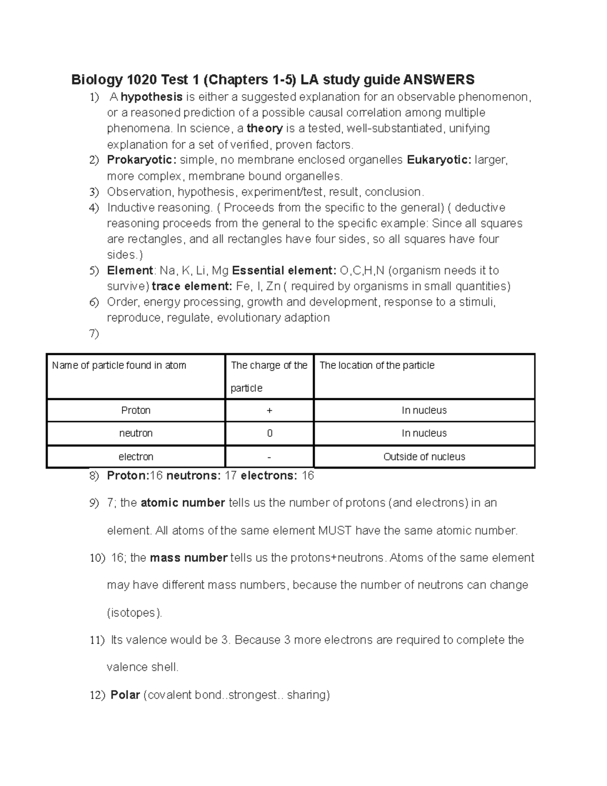 BIO 1020 Test 1 Study Guide Answers Chapters 1-5 - Biology 1020 Test 1 ...