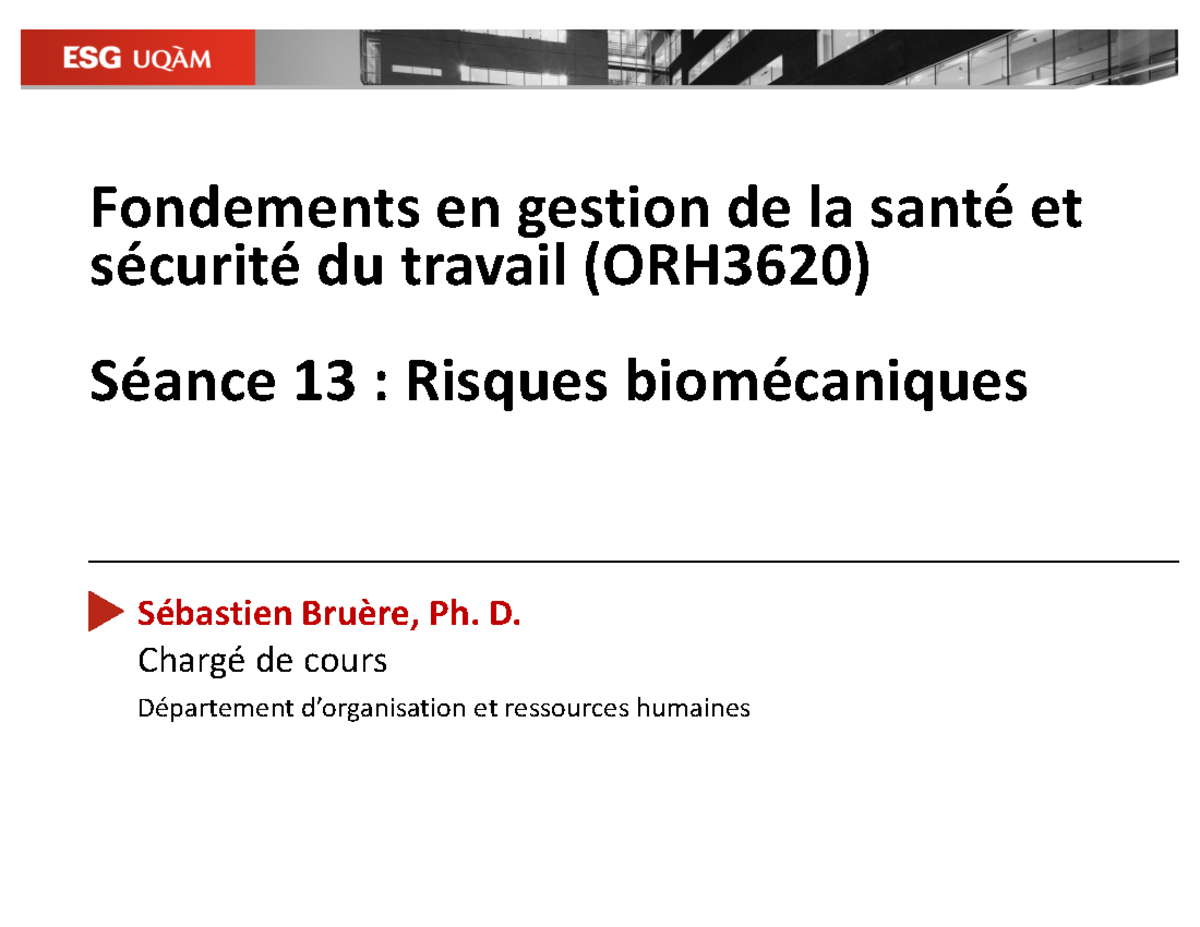 Cours 13 - Note De Cour - Fondements En Gestion De La Santé Et Sécurité ...