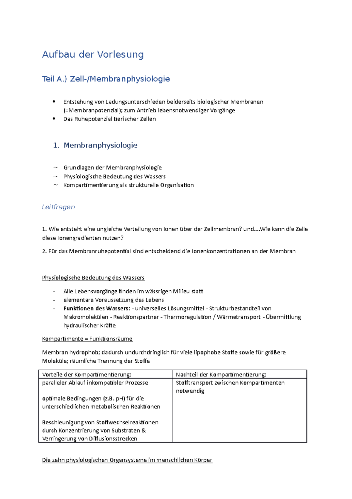 Der Vorleser 1 Teil Zusammenfassung Vorlesung 1 Zusammenfassung 2022 - Aufbau der Vorlesung Teil A.) Zell