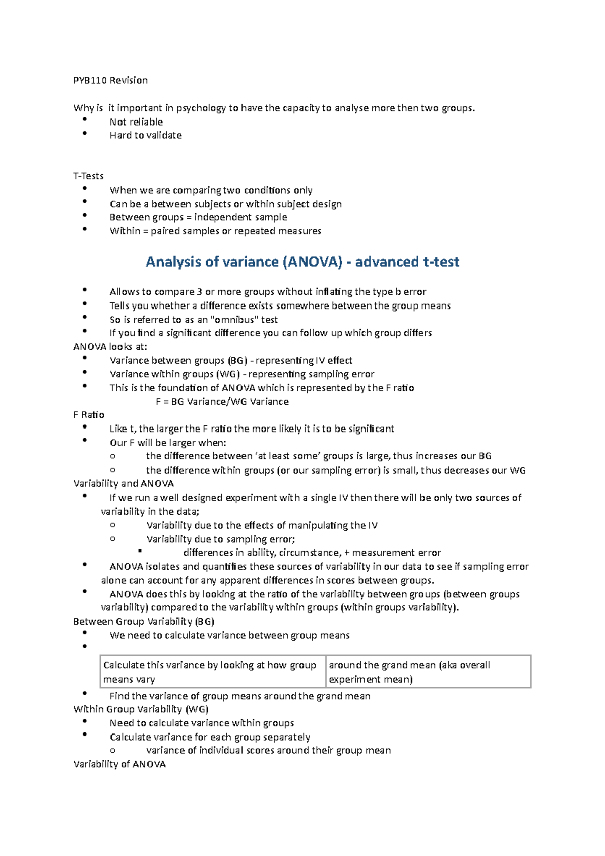 Lecture 1 notes - ANOVA Introduction - PYB110 Revision Why is it ...