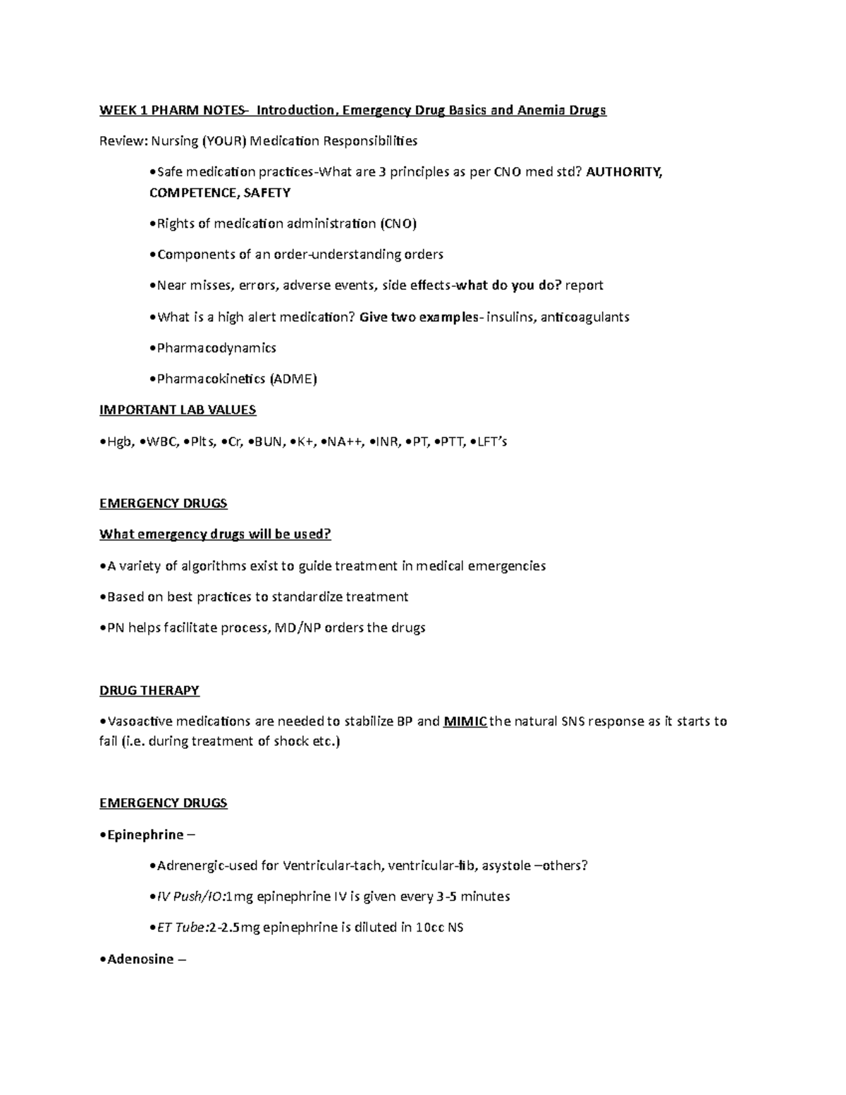 WEEK 1 Pharm Notes- Emergency AND Anemia - WEEK 1 PHARM NOTES ...
