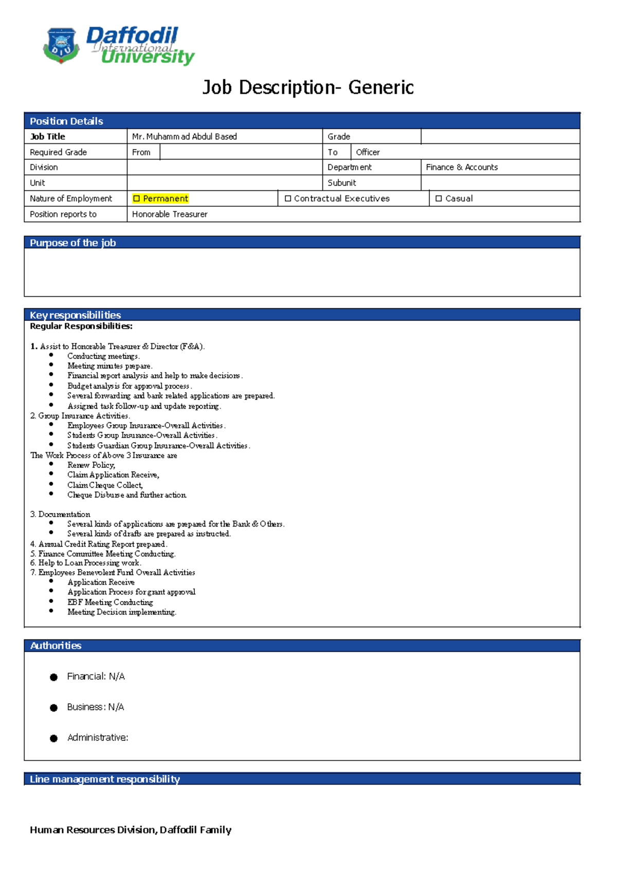 Job Description- (Mr. Muhammad Abdul Based ) - Job Description- Generic ...