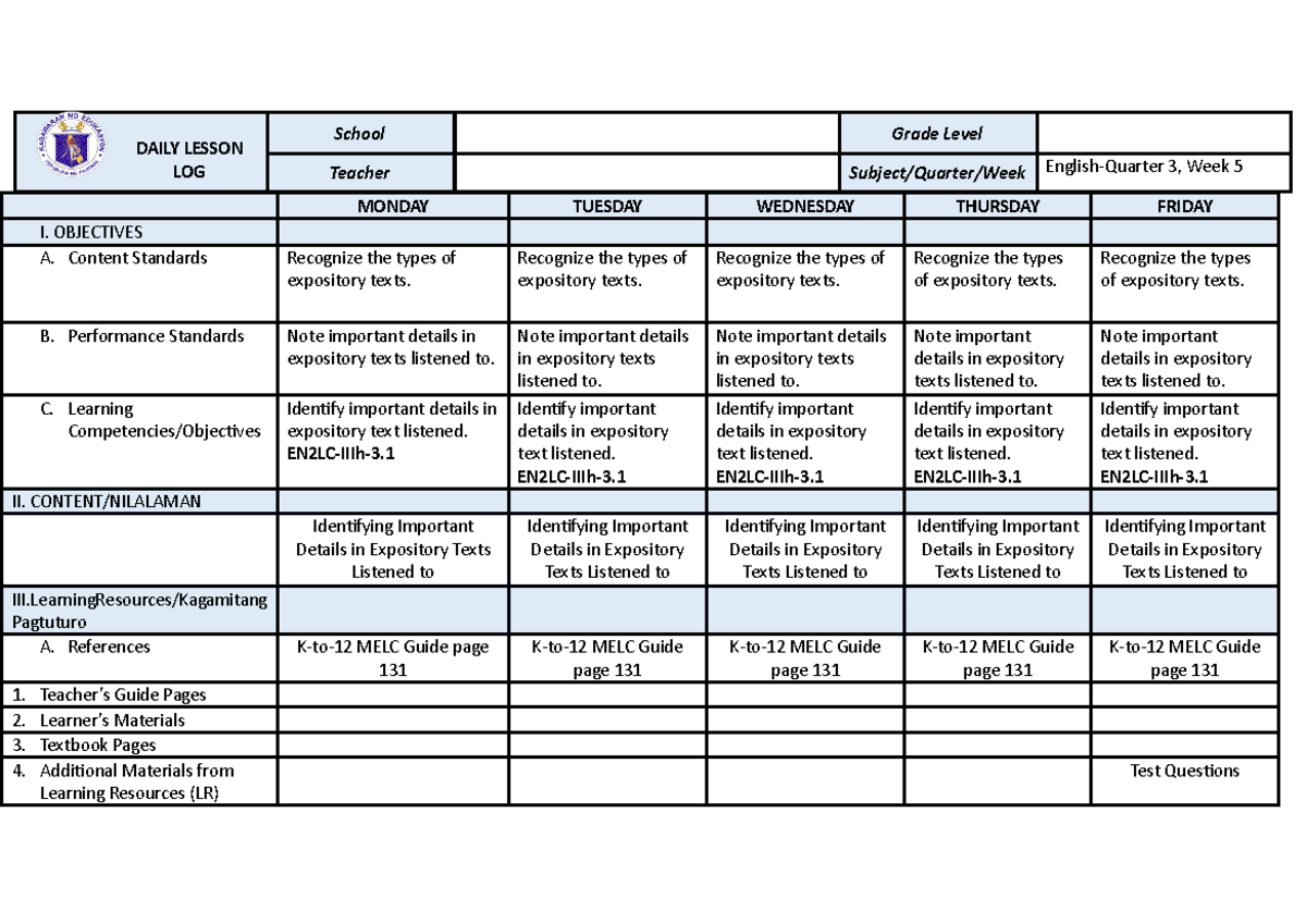 DLL English-2 Q3W5 - Dll - DAILY LESSON LOG School Grade Level Teacher ...