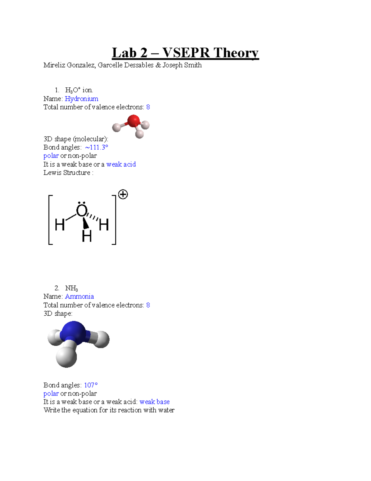 Vsepr Lab report - Lab 2 – VSEPR Theory Mireliz Gonzalez, Garcelle ...