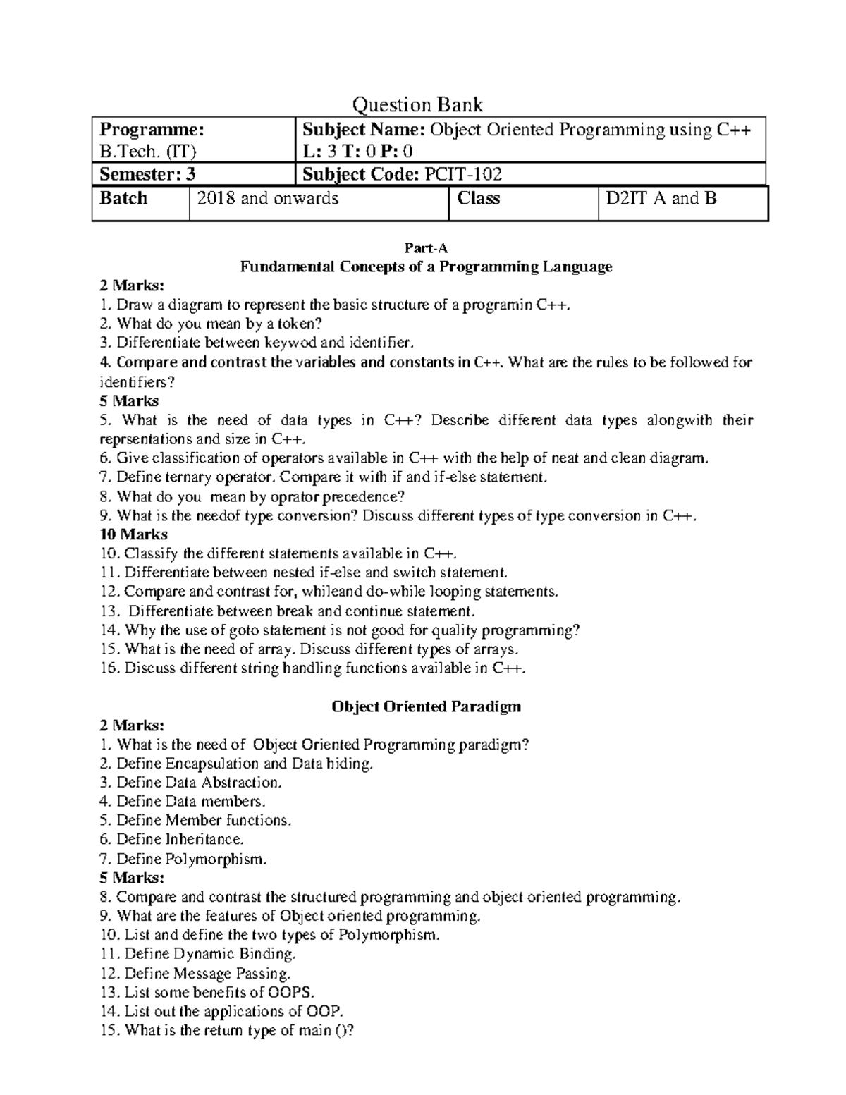 Object Oriented Programming using C++ PCIT102 - Question Bank Programme ...