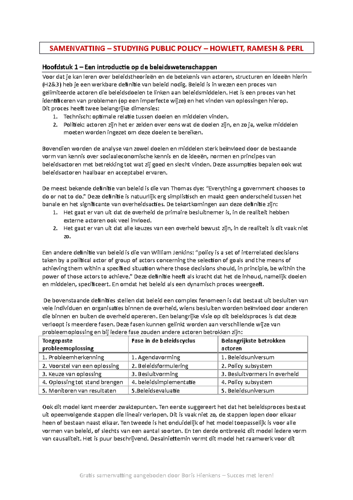 Samenvatting Howlett, Ramesh & Perl - SAMENVATTING STUDYING PUBLIC ...
