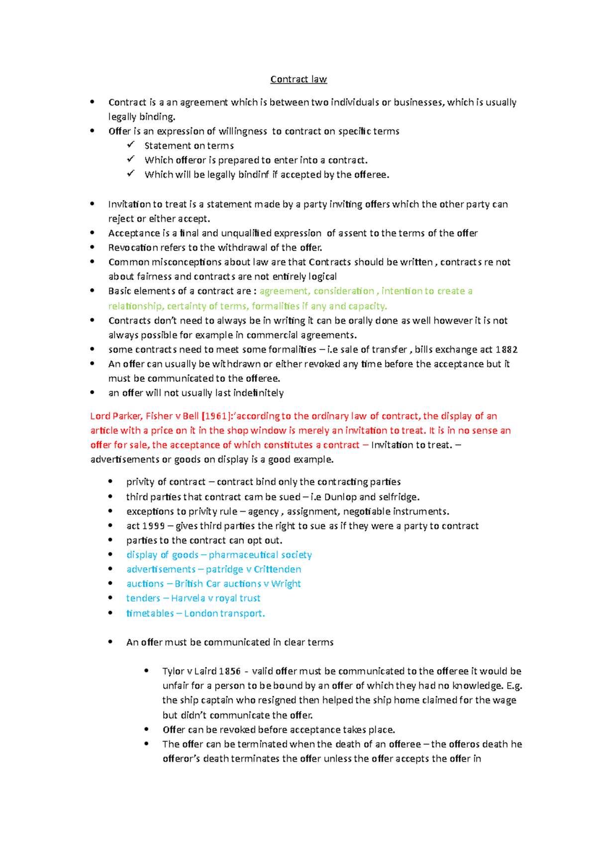 Contract law - Lecture notes 4 - Contract law Contract is a an ...
