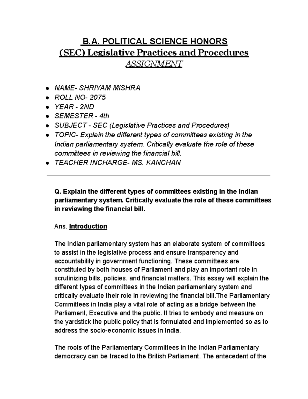 SEC Assignment - B. POLITICAL SCIENCE HONORS (SEC) Legislative ...