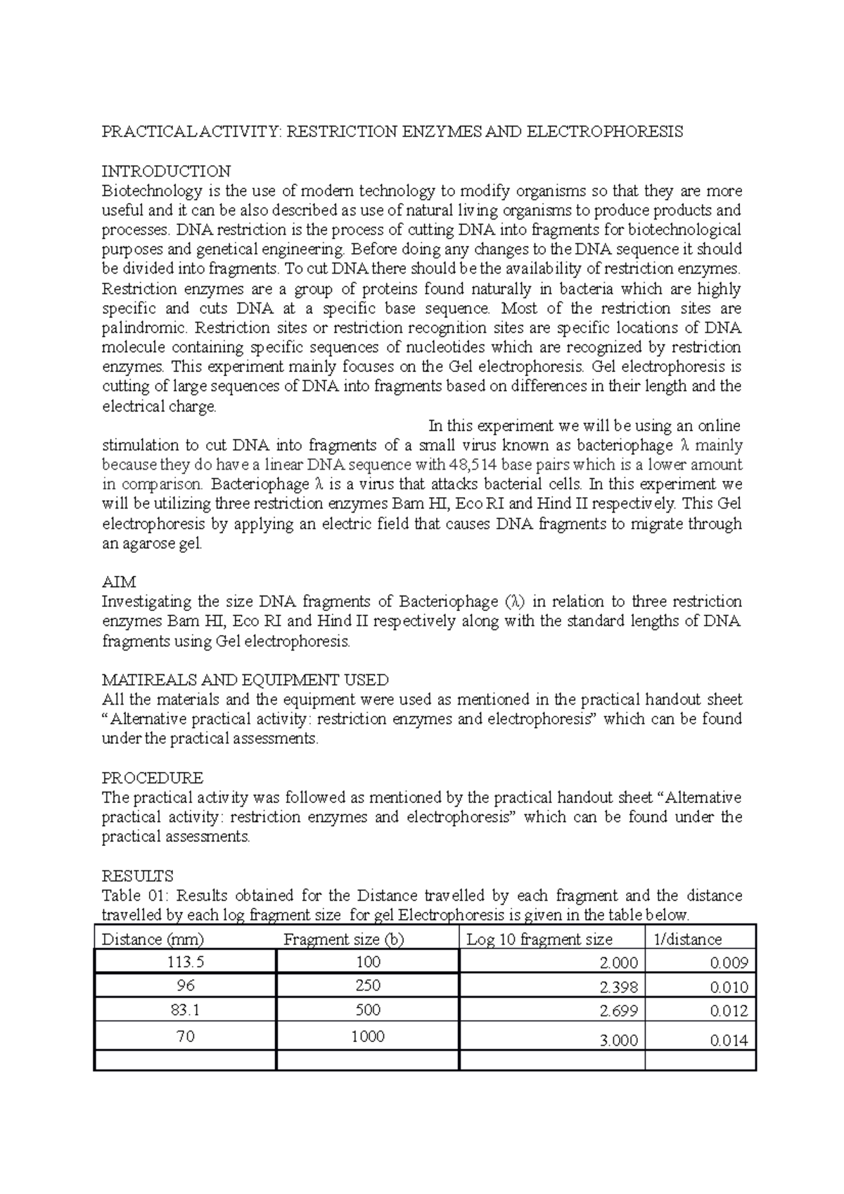 PRACTICAL ACTIVITY RESTRICTION ENZYMES AND ELECTROPHORESIS PRACTICAL