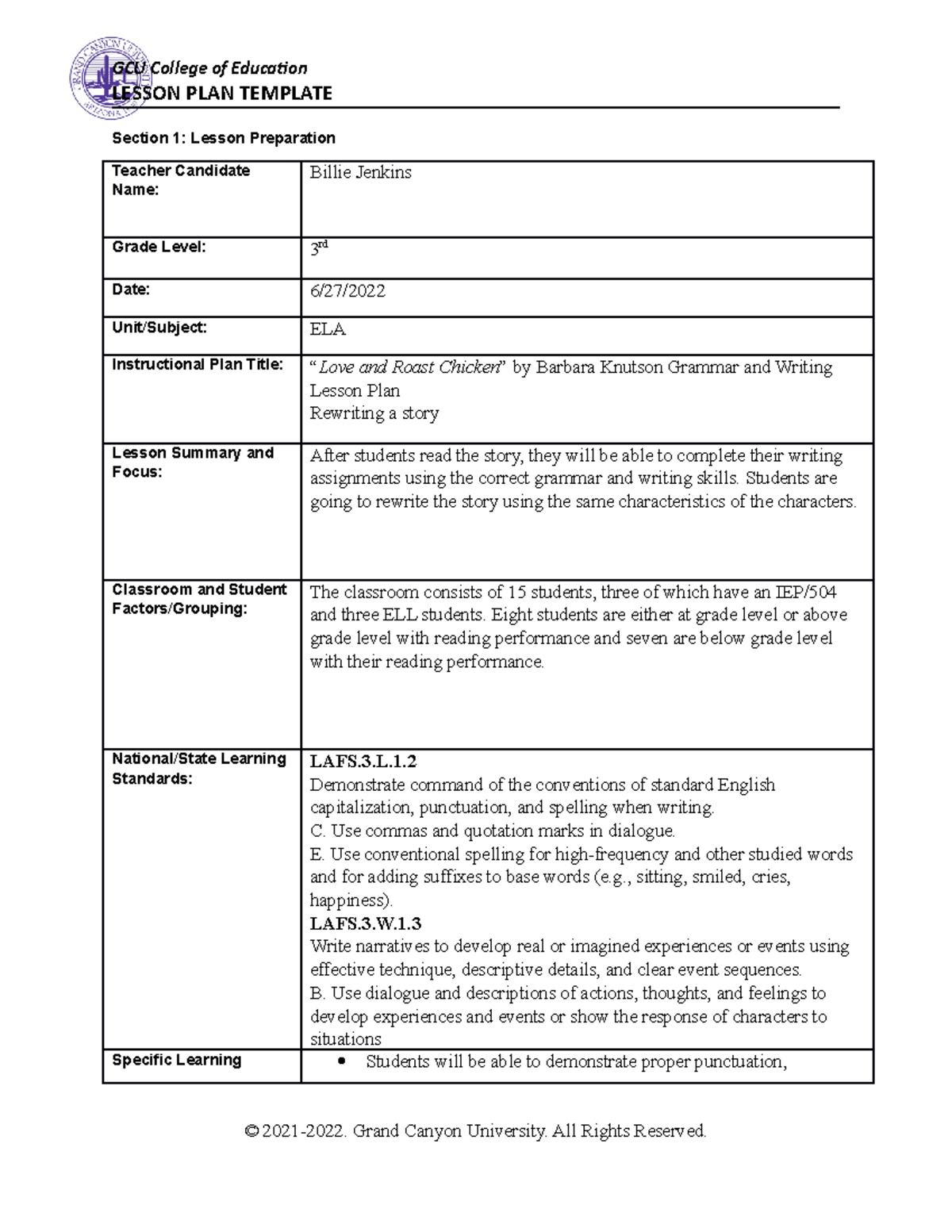 Grammar and Writing Instruction - LESSON PLAN TEMPLATE Section 1 ...