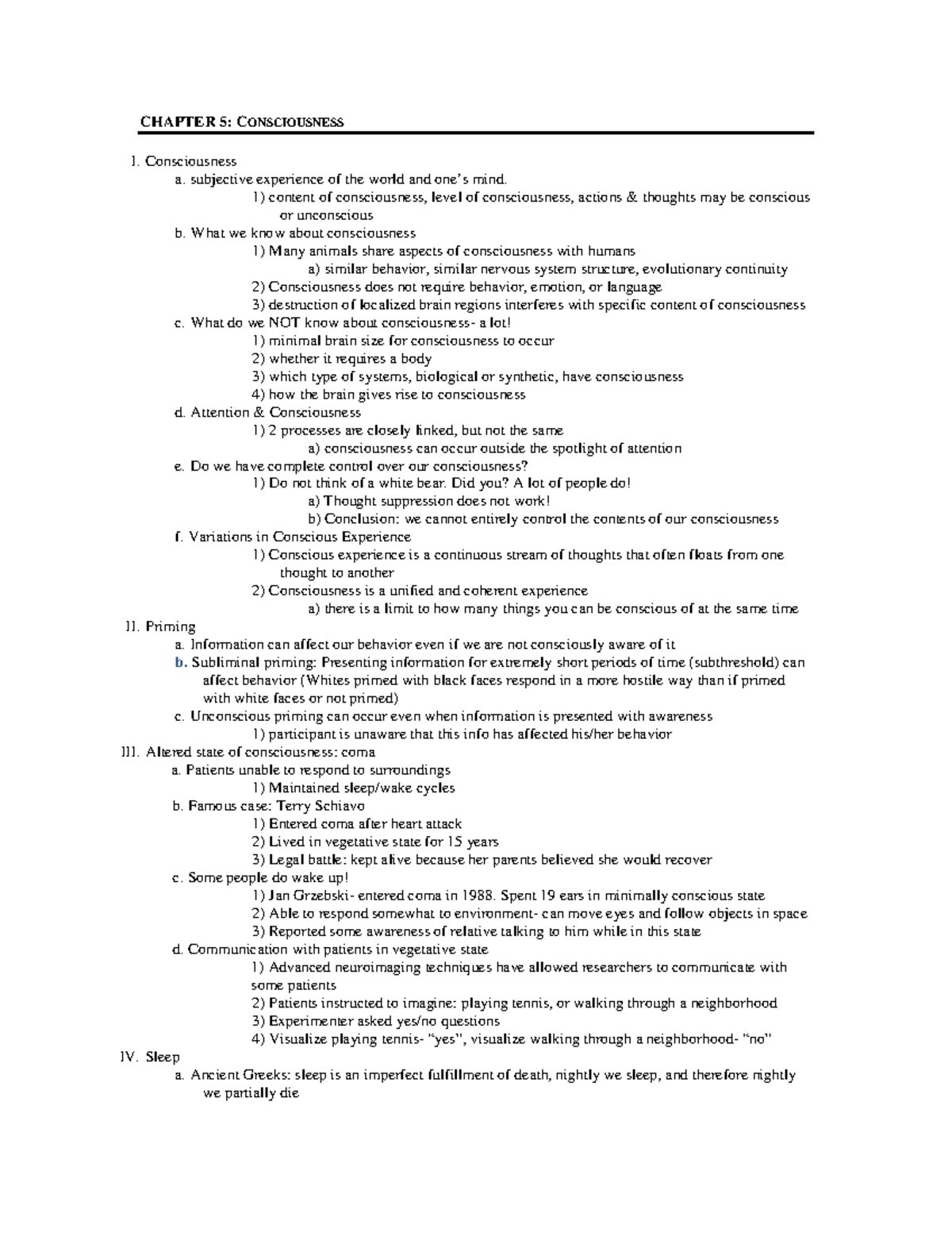 Chapter 5 Notes - CHAPTER 5: CONSCIOUSNESS I. Consciousness a ...