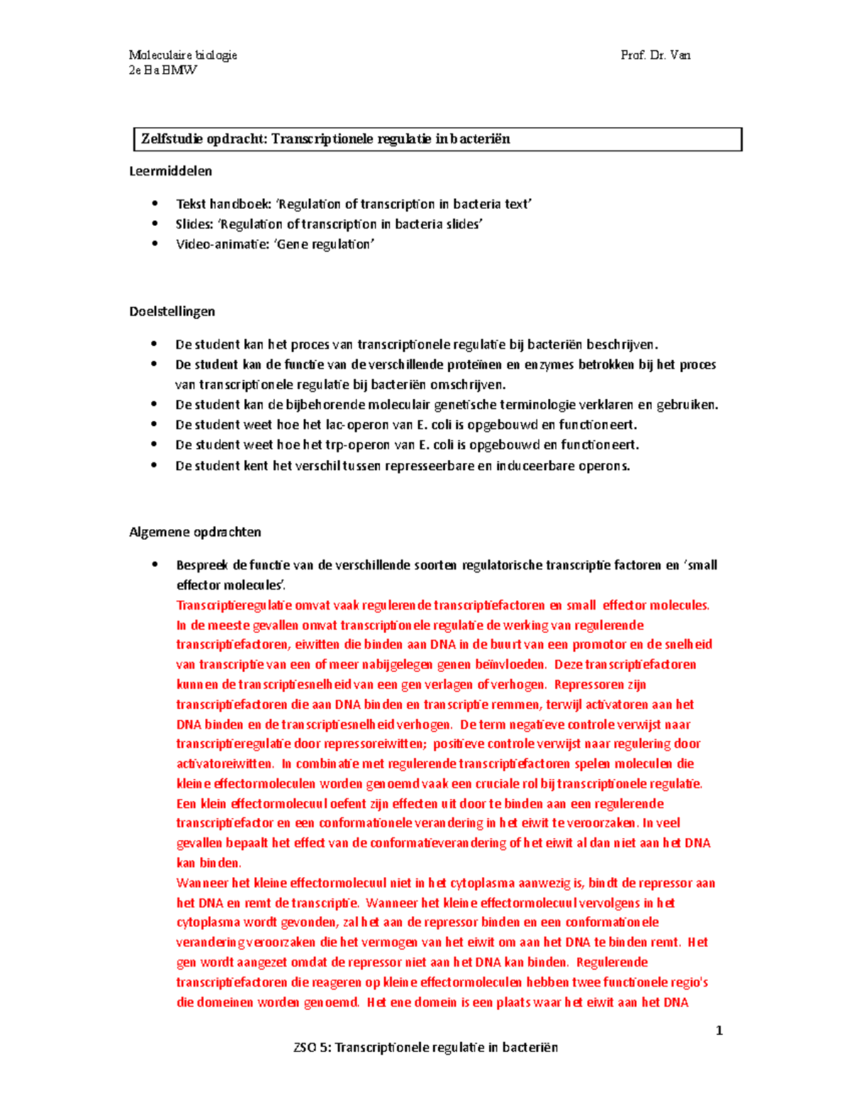 Moleculaire Biologie ZSO5 - 2e Ba BMW 1 Zelfstudie Opdracht ...