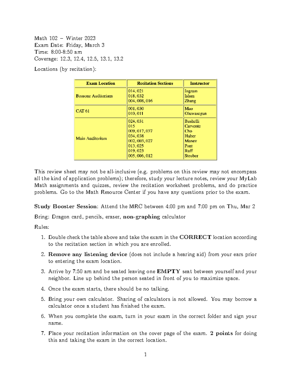 Exam2 Review - exam - Math 102 − Winter 2023 Exam Date: Friday, March 3 ...