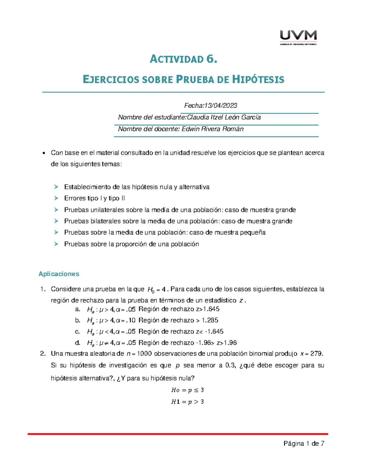 A6 CILG - actividad - ACTIVIDAD 6. EJERCICIOS SOBRE PRUEBA DE HIPÓTESIS ...