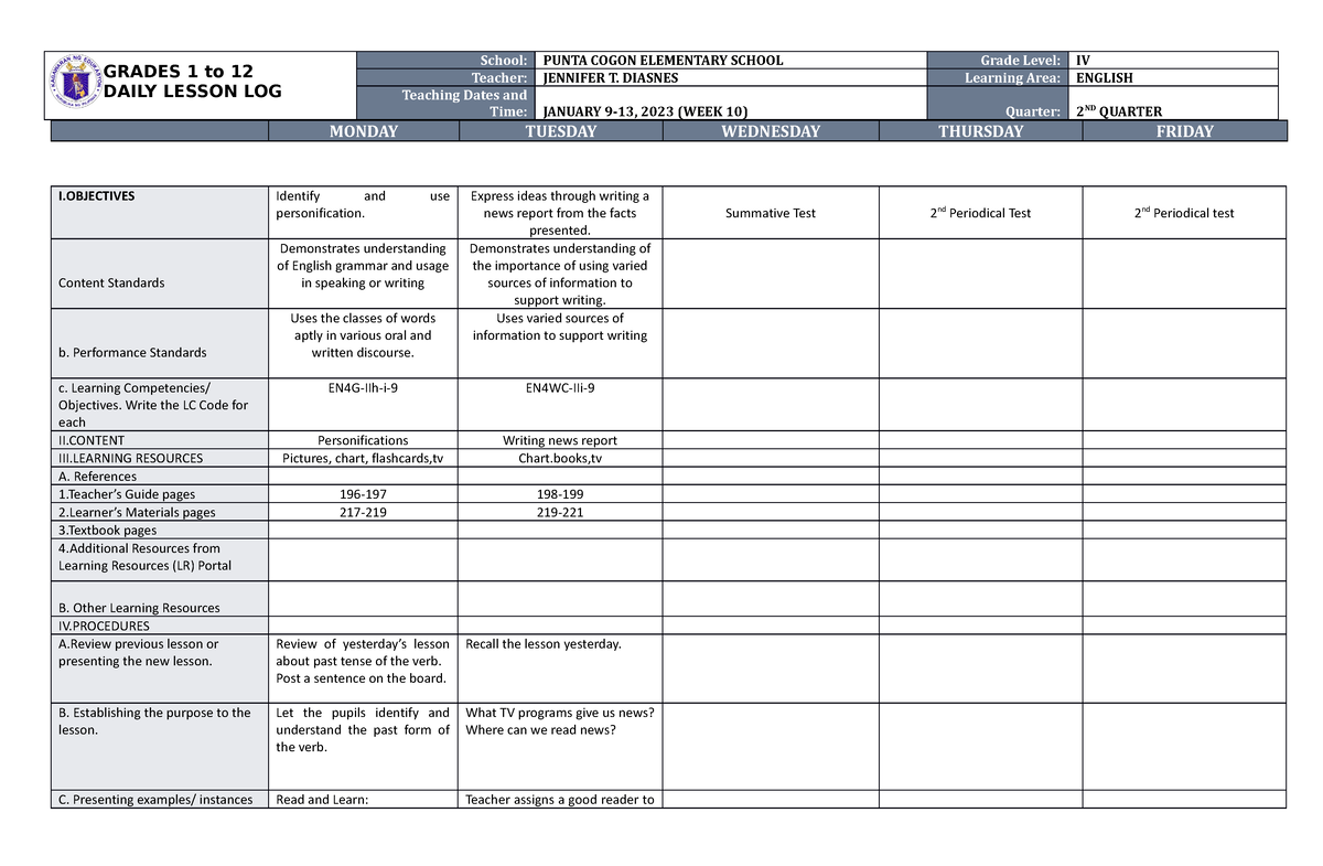 DLL English 4 Q2 W10 - DLL - Bachelor of Elementary Education - Studocu