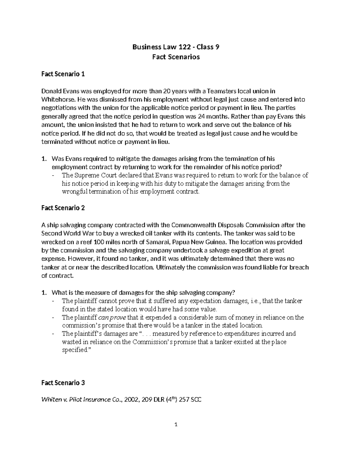 Business law 122 class 9 fact scenarios - Business Law 122 - Class 9 ...