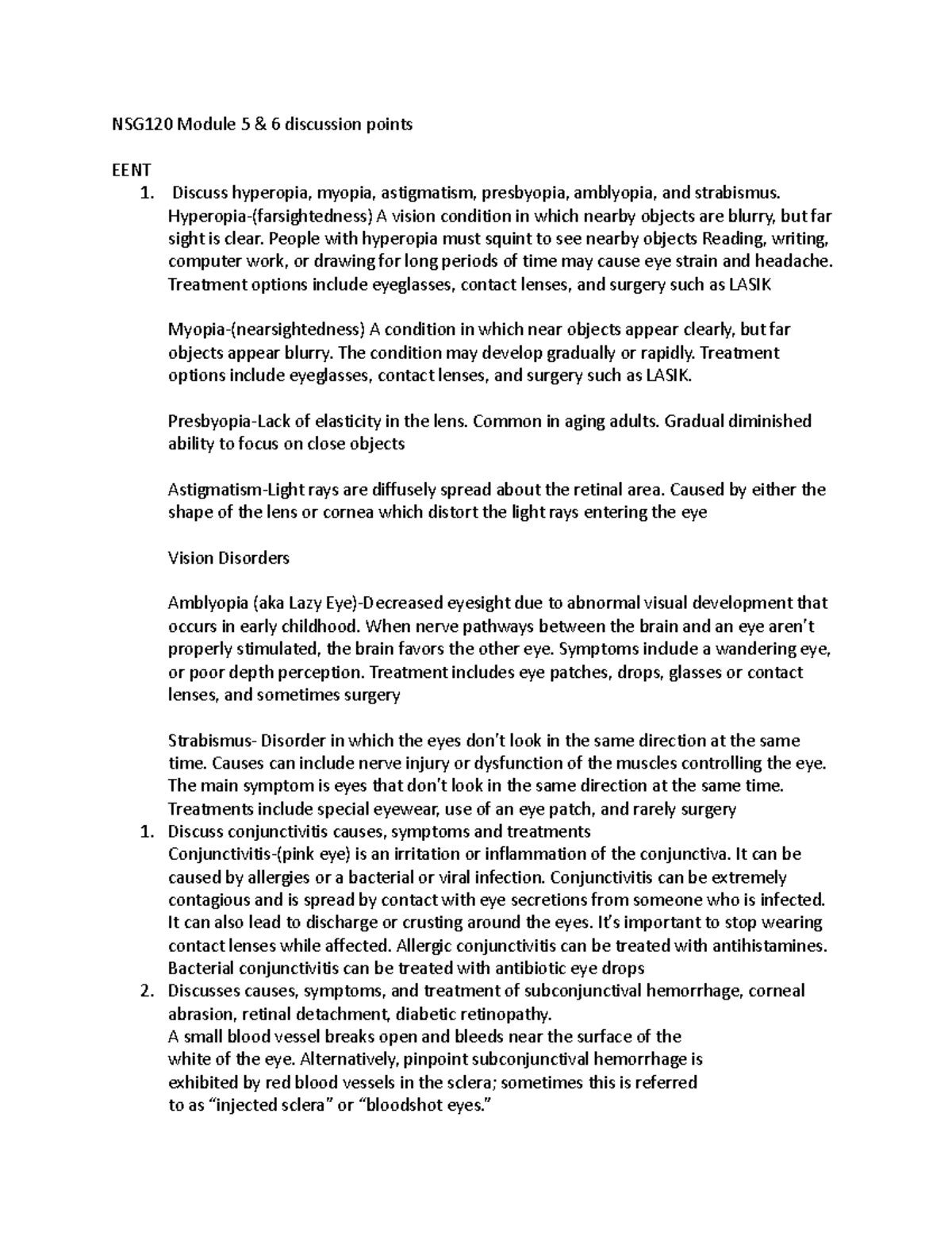 NSG120 Module 5 6 - NSG120 Module 5 & 6 discussion points EENT 1 ...