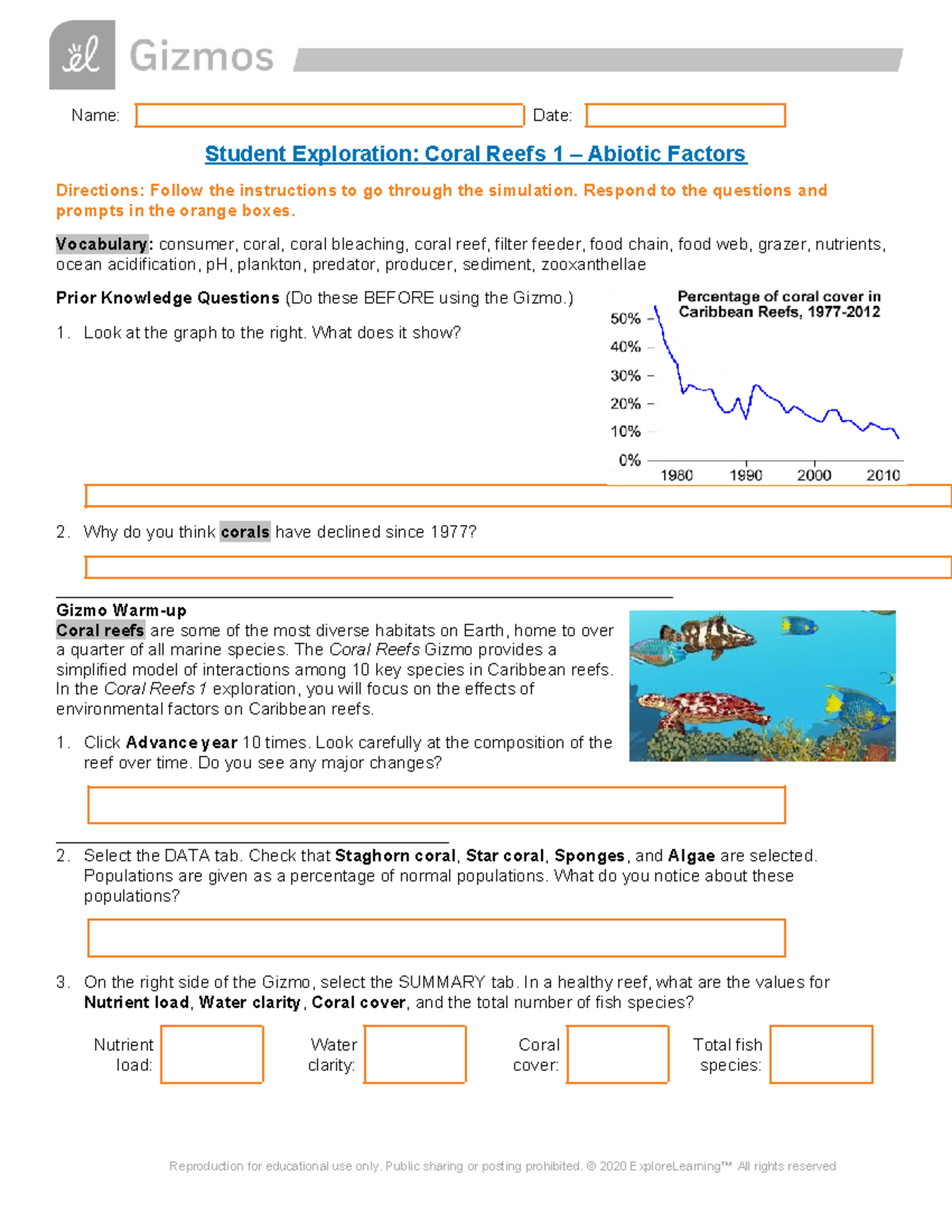 Coral Reef 1SE - Marine Science assignment - Name: Date: Student ...