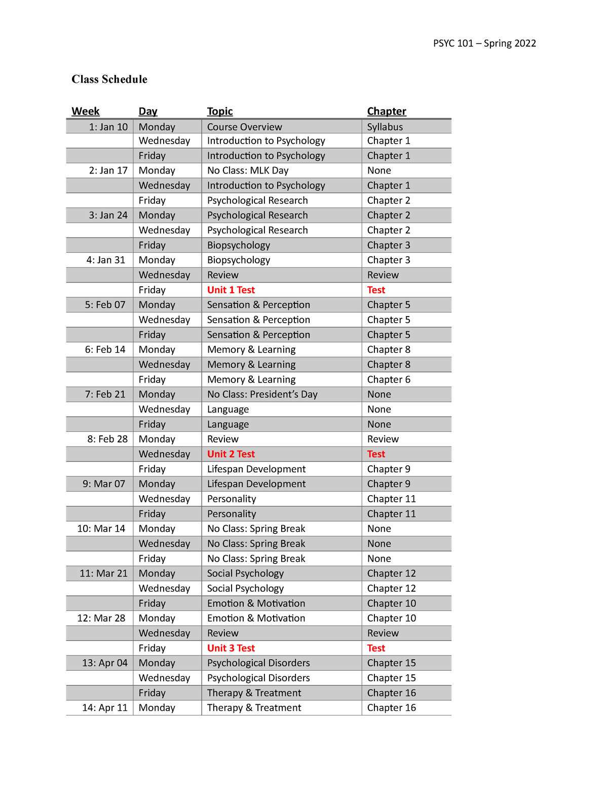 PSYC 101 - Class Schedule-2 - PSYC 101 – Spring 2022 Class Schedule