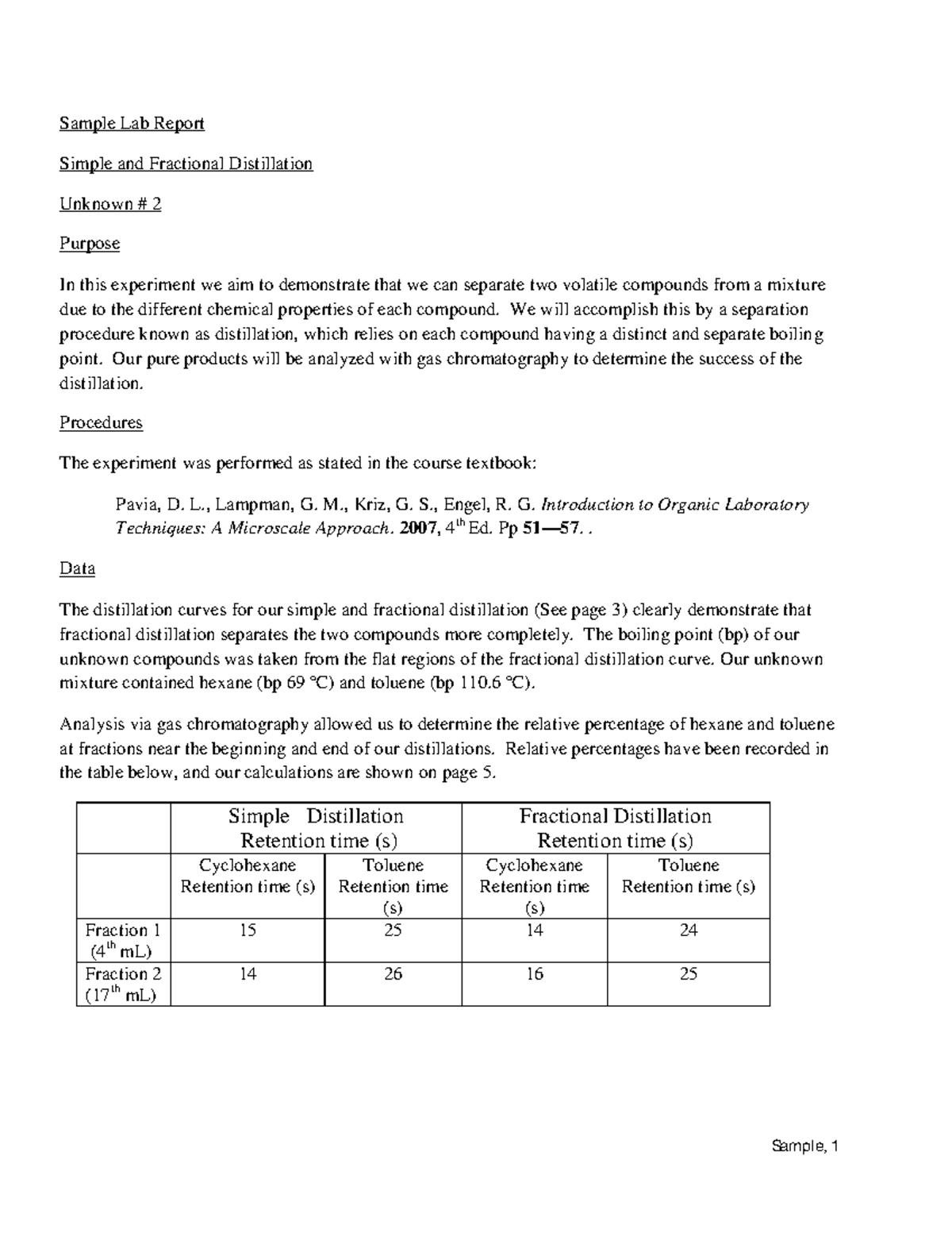 Lab Report Sample Lab Report Simple and Fractional Distillation