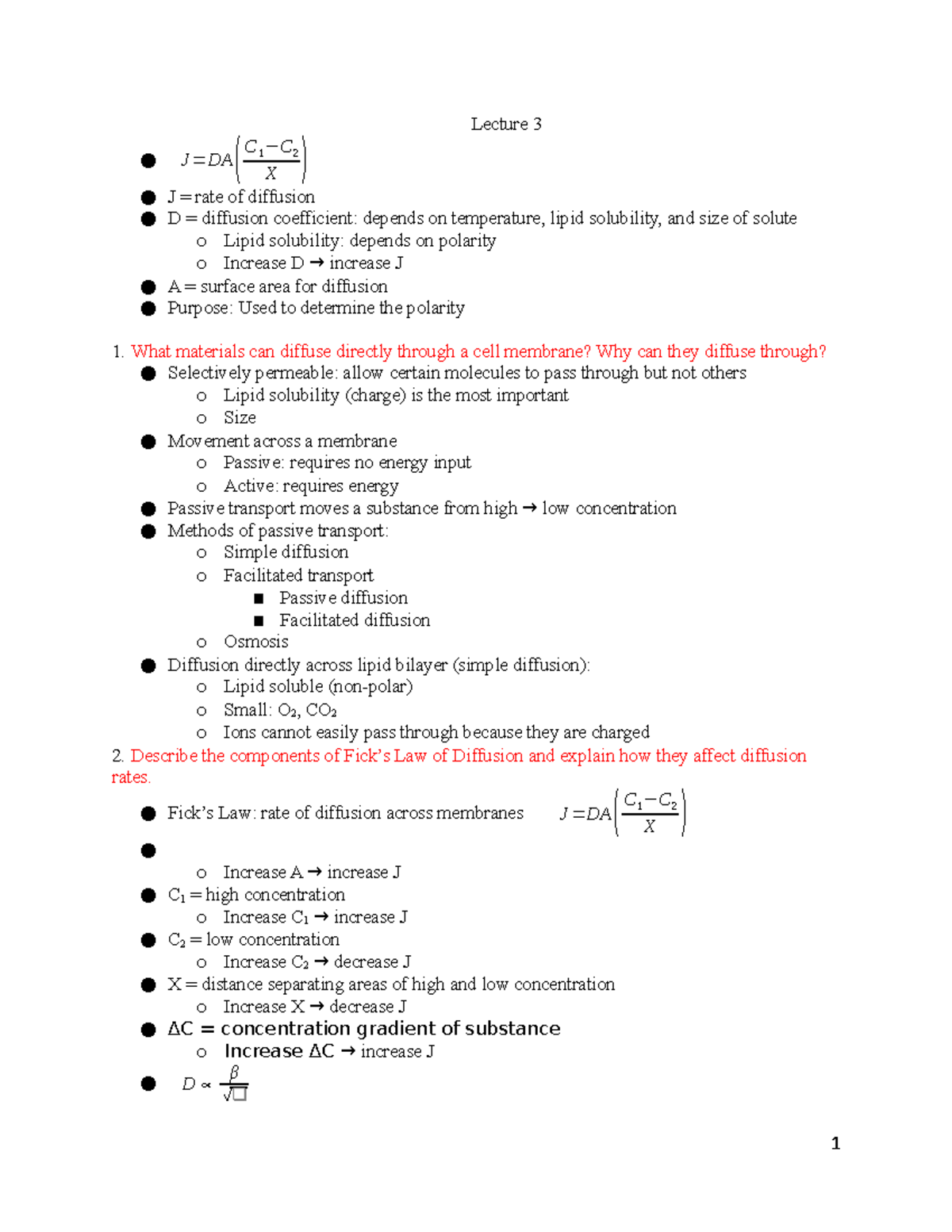 Lecture 3 - notes - Lecture 3 J = DA ( C 1 − C 2 X ) J = rate of ...