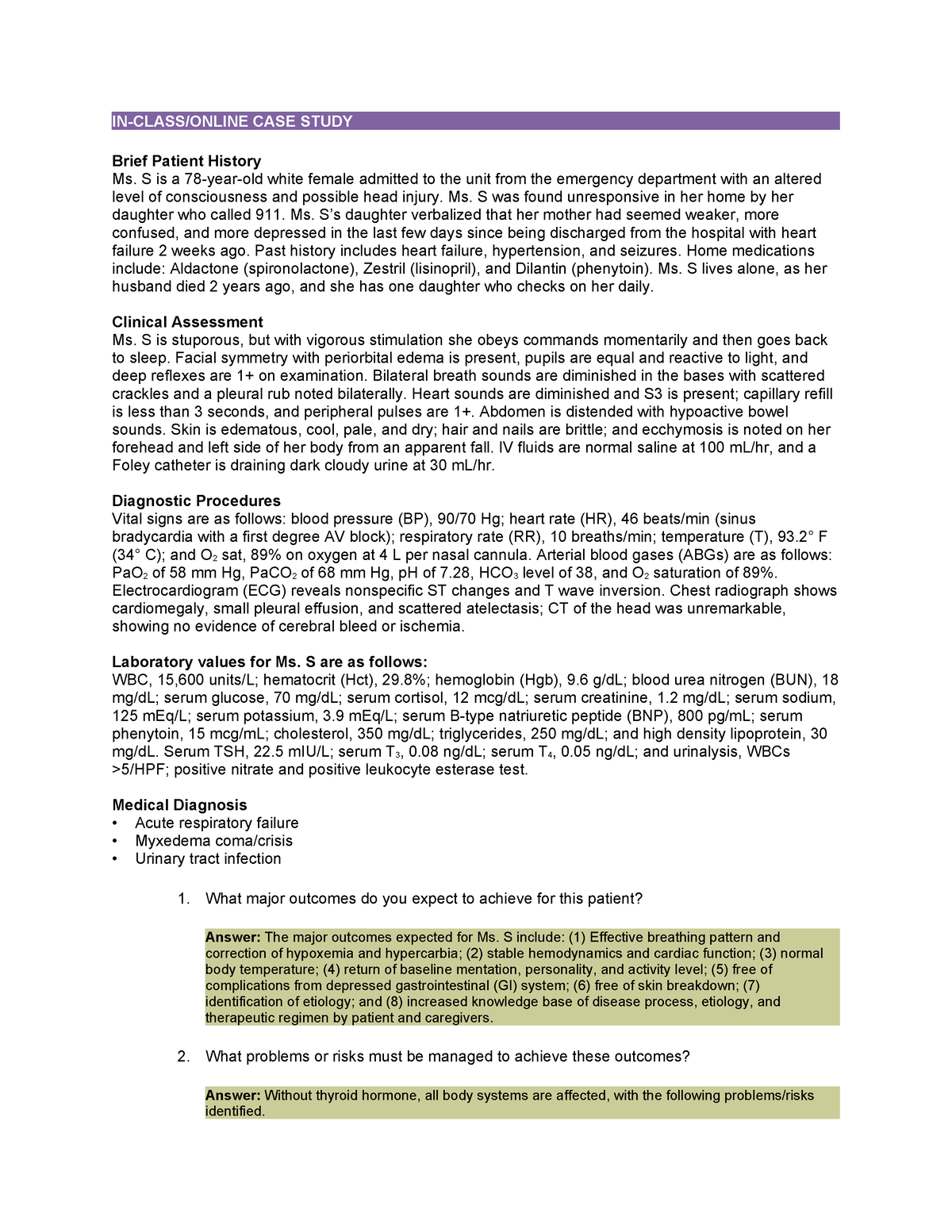 Endocrine case study with answers from Urden - IN-CLASS/ONLINE CASE ...