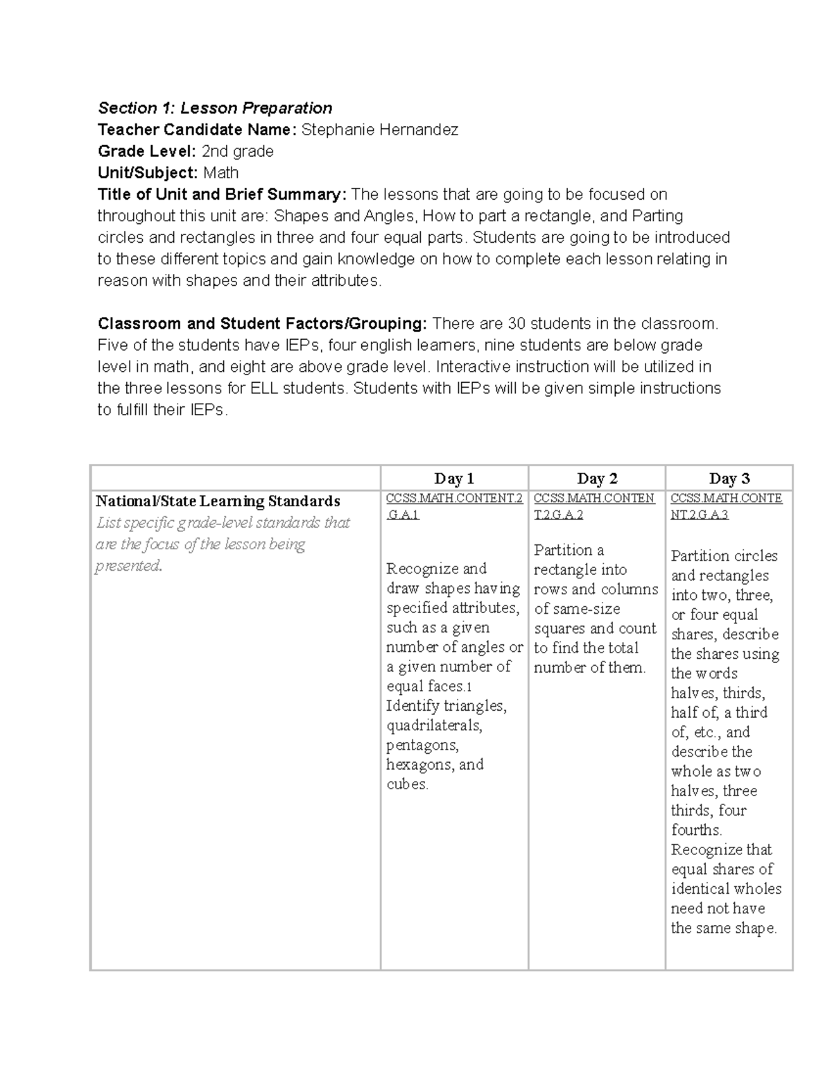 Benchmark-Mathematics Unit Plan - Section 1: Lesson Preparation Teacher ...