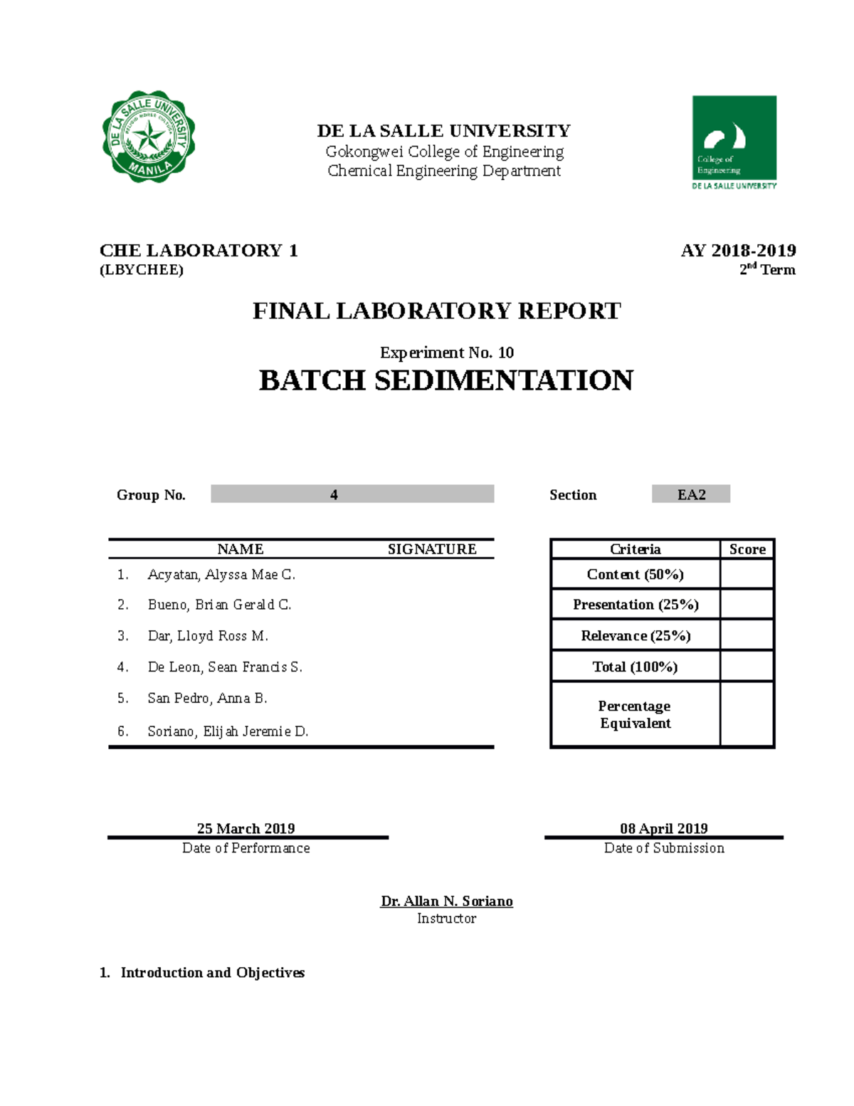 sedimentation experiment lab report