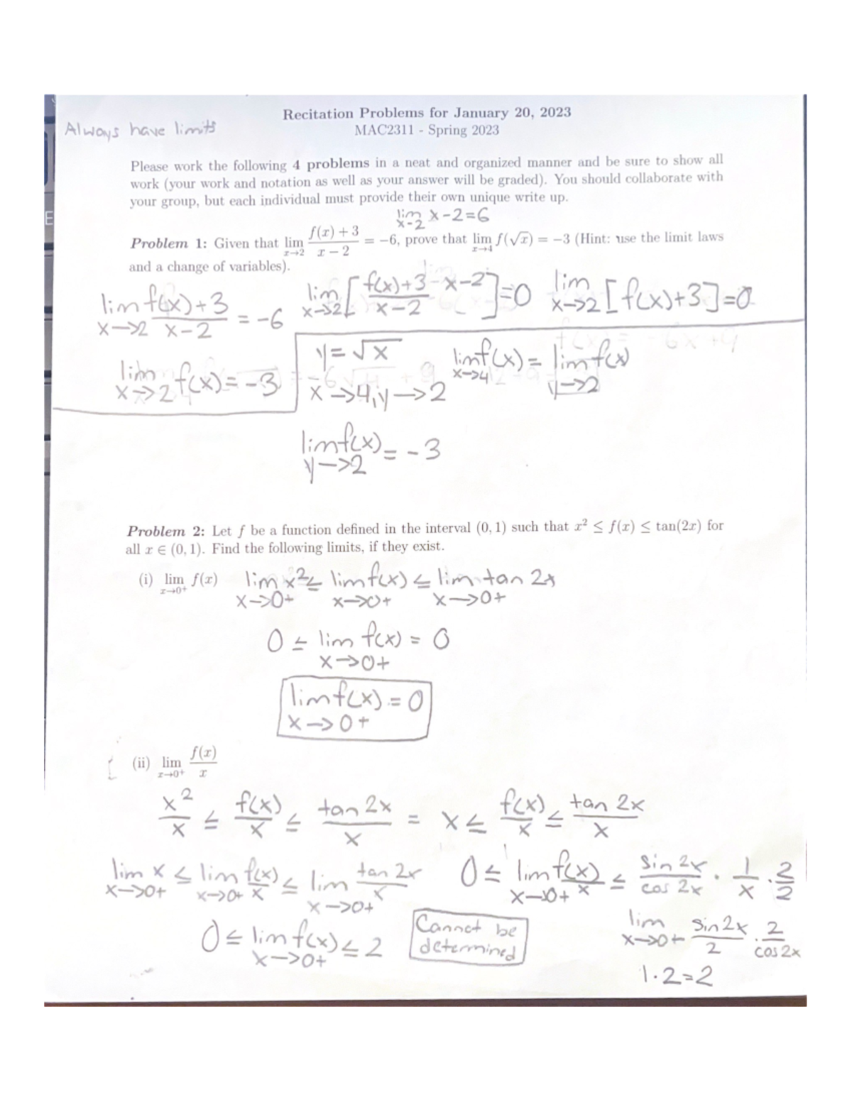 Recitation Problems For January 20 2023 MAC 2311C Studocu