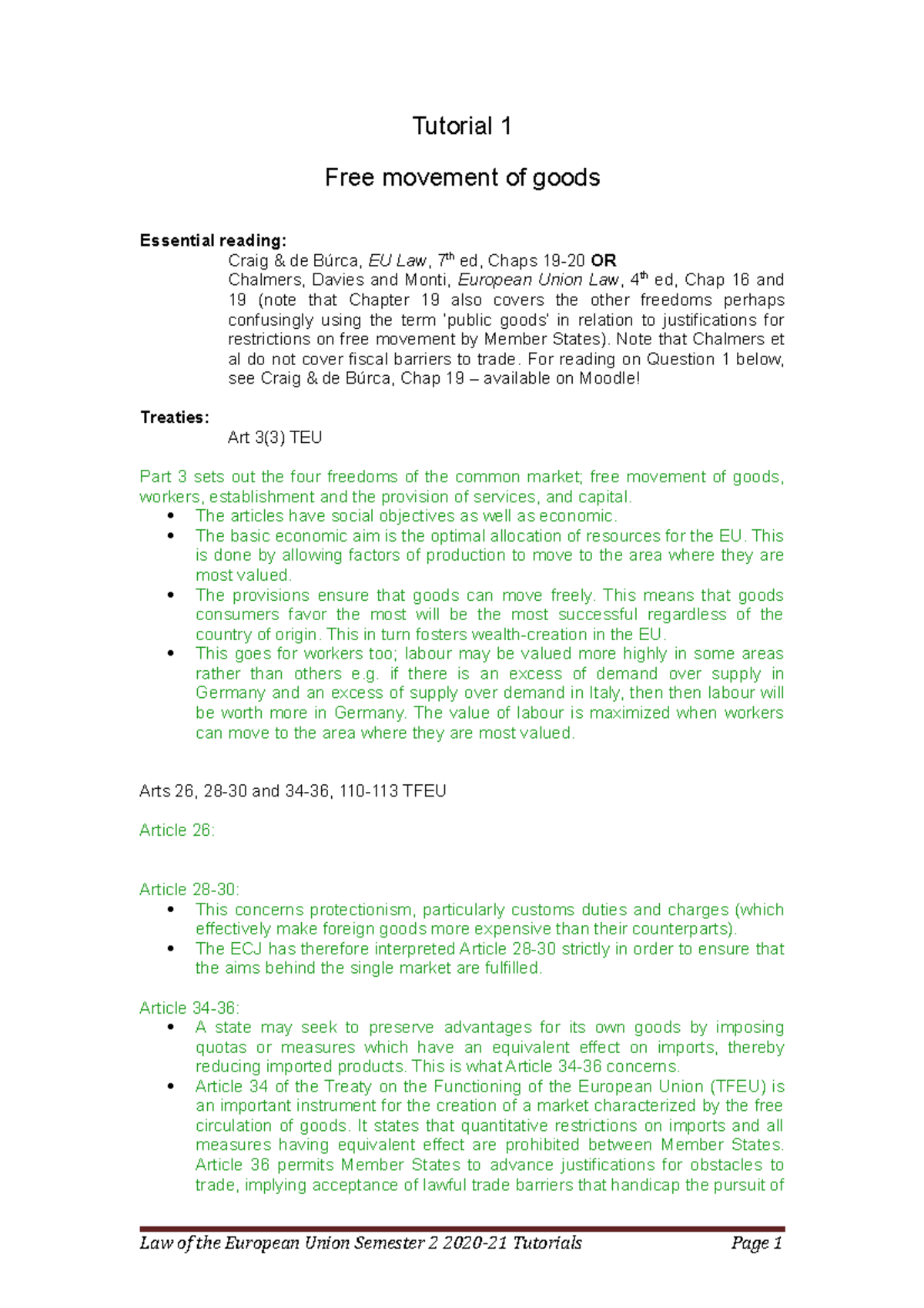 Tutorial 1 Movement Of Goods - Tutorial 1 Free Movement Of Goods ...